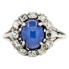 Radiant Star Sapphire and Diamond Ring in Vintage 14k White Gold
