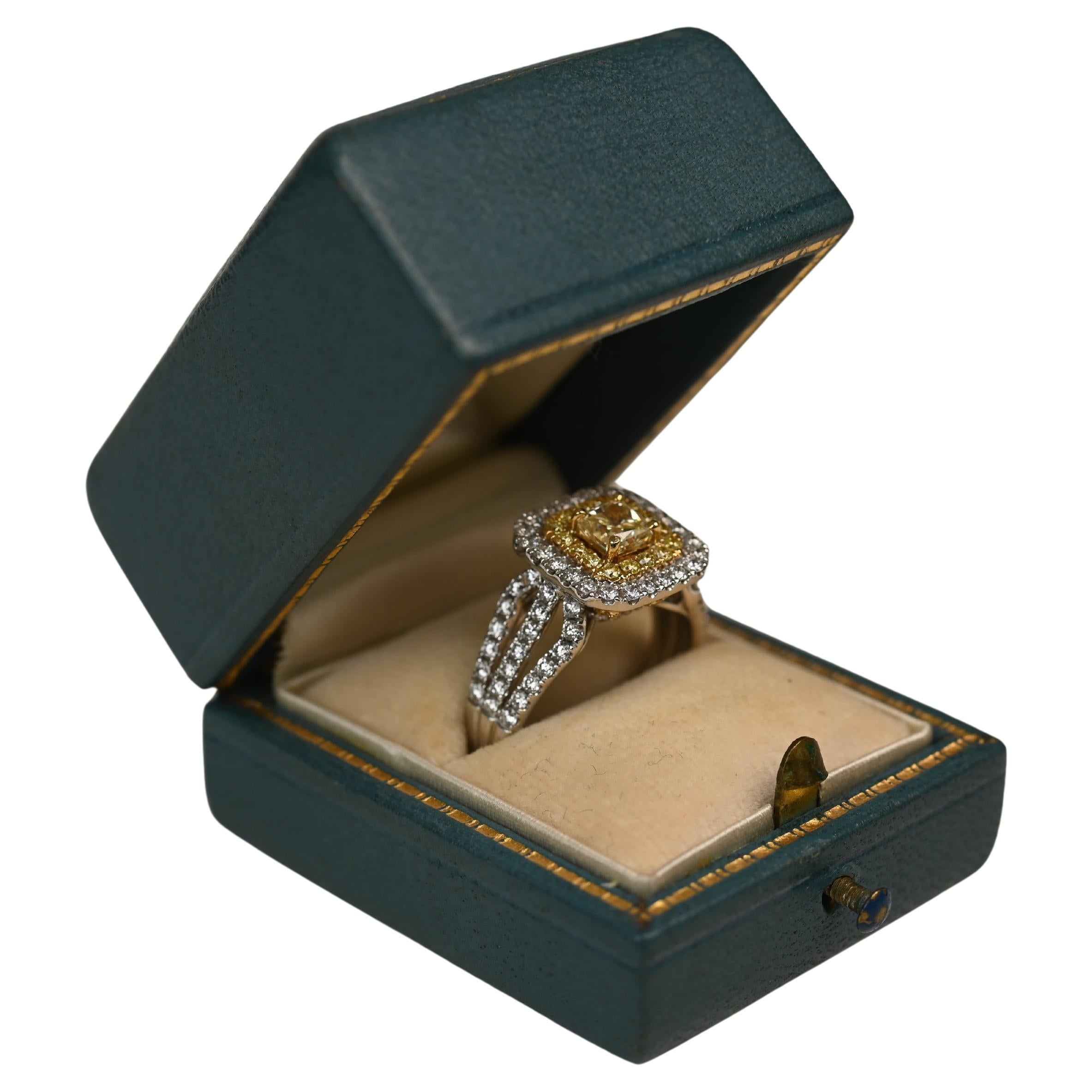 Radiant Yellow Diamond (Approx. 0.60-Carats) Prong-Set Halo Ring, 18k White Gold