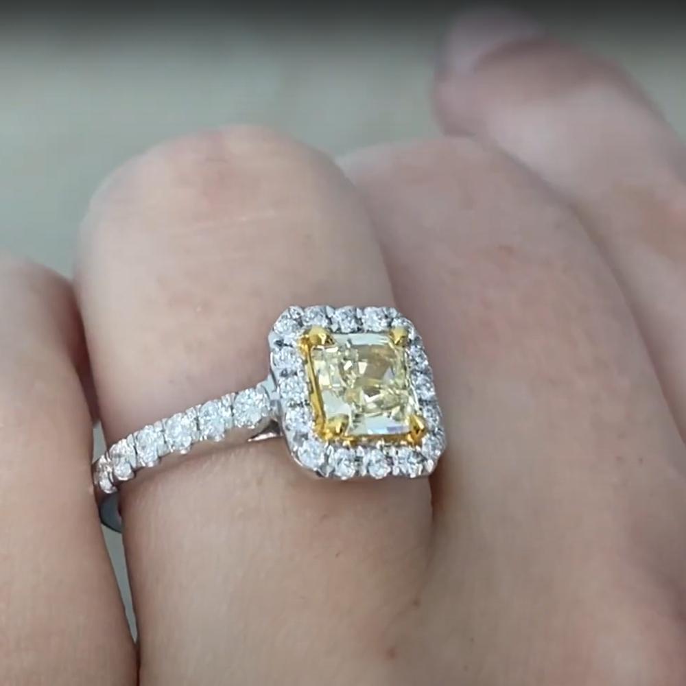 Art Deco Radiant Yellow Diamond (Approx. 1.10-Carats) Prong-Set Halo Ring, 18k White Gold For Sale