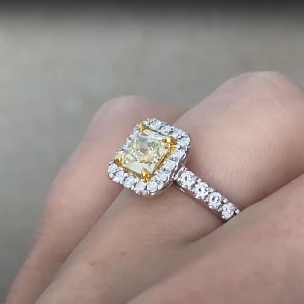 Radiant Cut Radiant Yellow Diamond (Approx. 1.10-Carats) Prong-Set Halo Ring, 18k White Gold For Sale