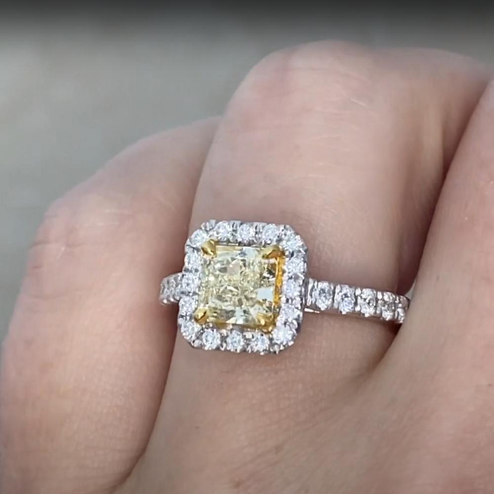 Radiant Yellow Diamond (Approx. 1.10-Carats) Prong-Set Halo Ring, 18k White Gold In Excellent Condition For Sale In New York, NY