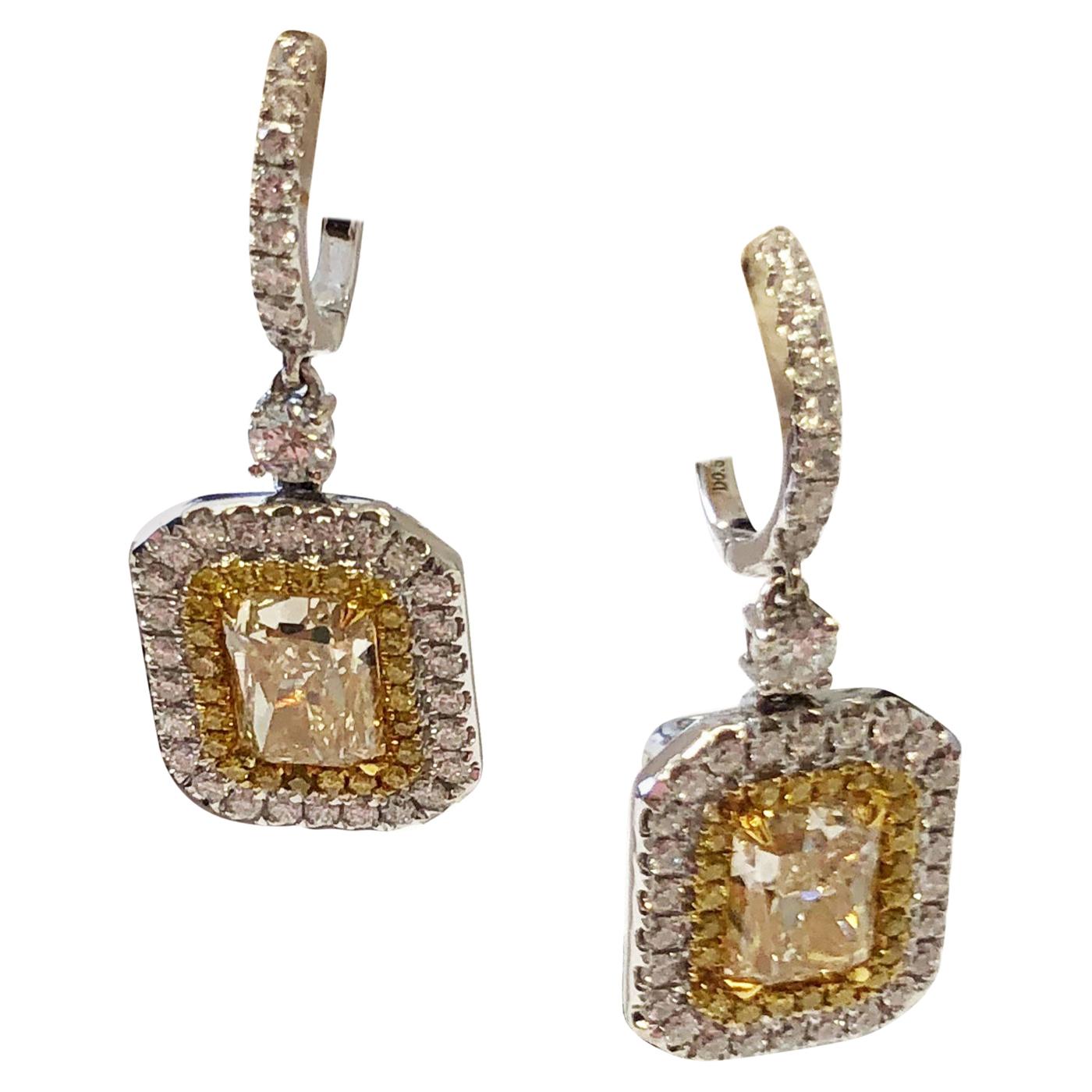 Radiant Yellow Diamond Dangle Earrings in 18 Karat Yellow Gold