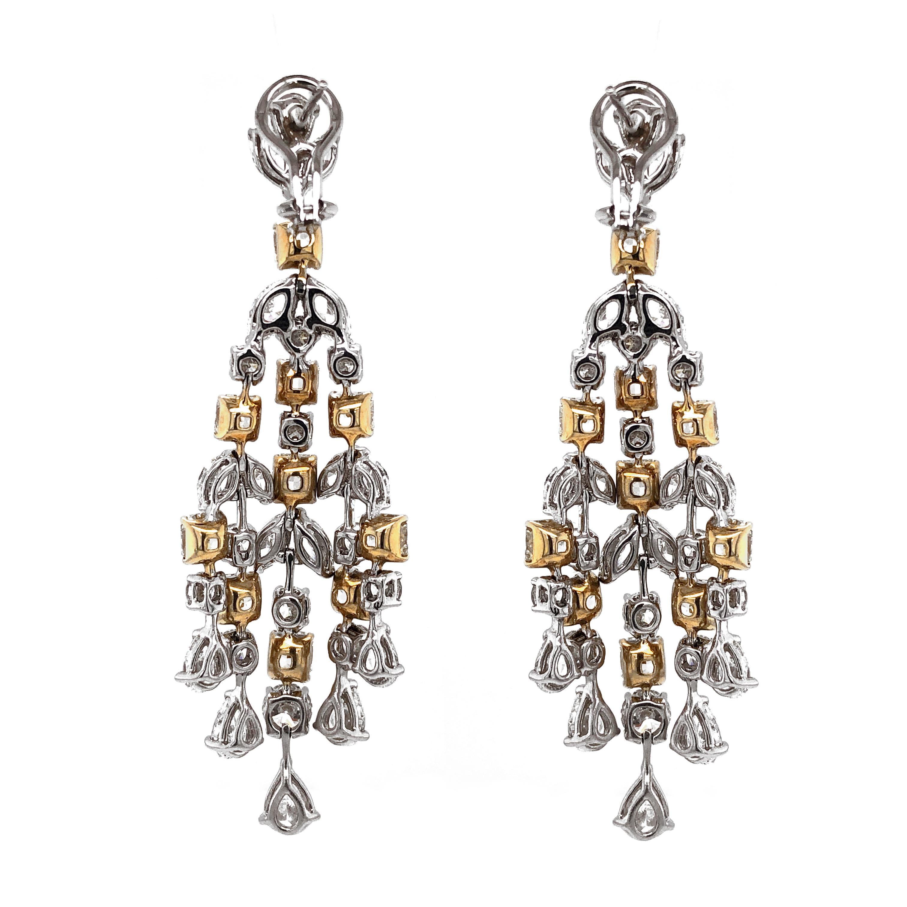 Contemporary Radiant Yellow Diamonds 11.49 carat Chandelier 18k Gold Earrings For Sale