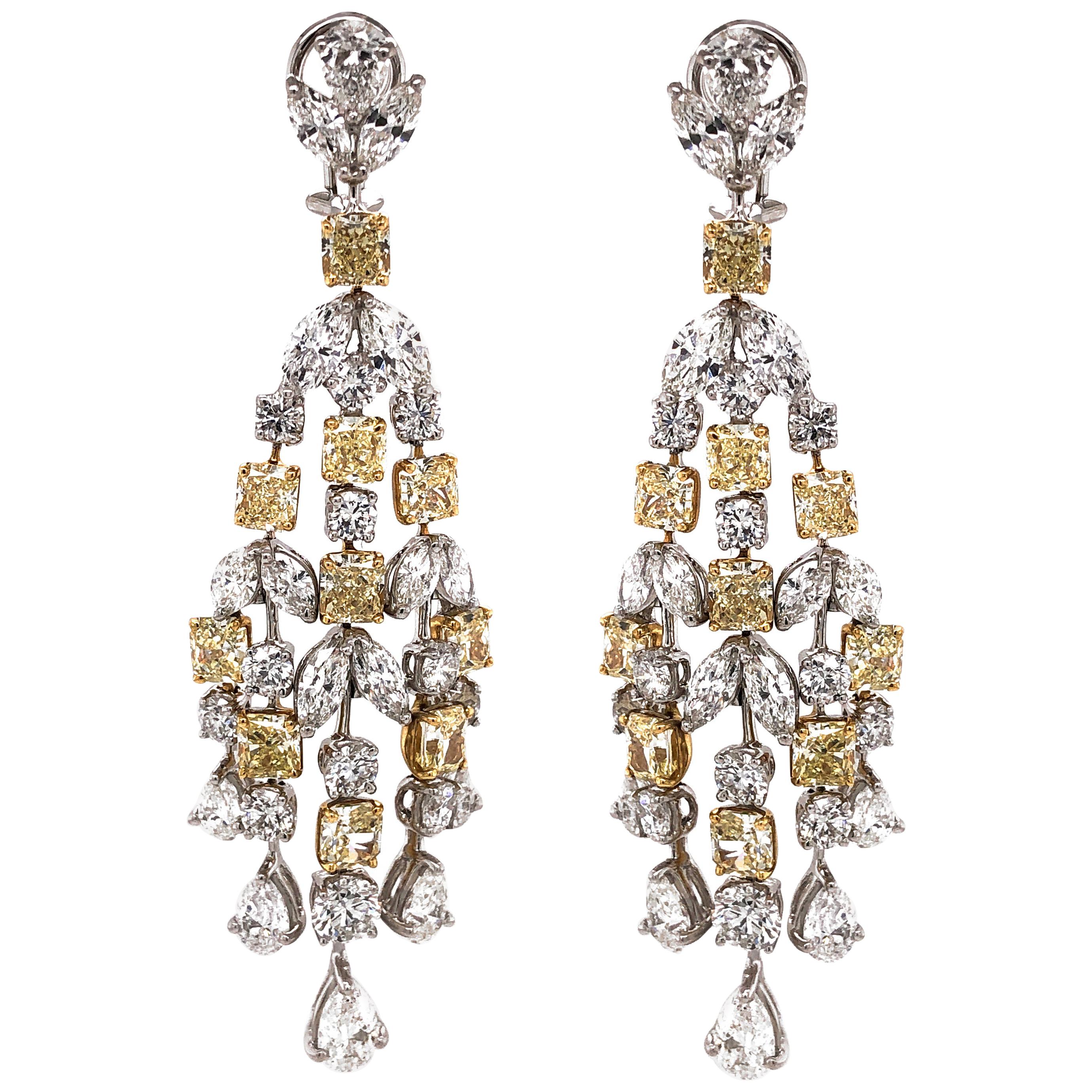 Radiant Yellow Diamonds 11.49 carat Chandelier 18k Gold Earrings For Sale
