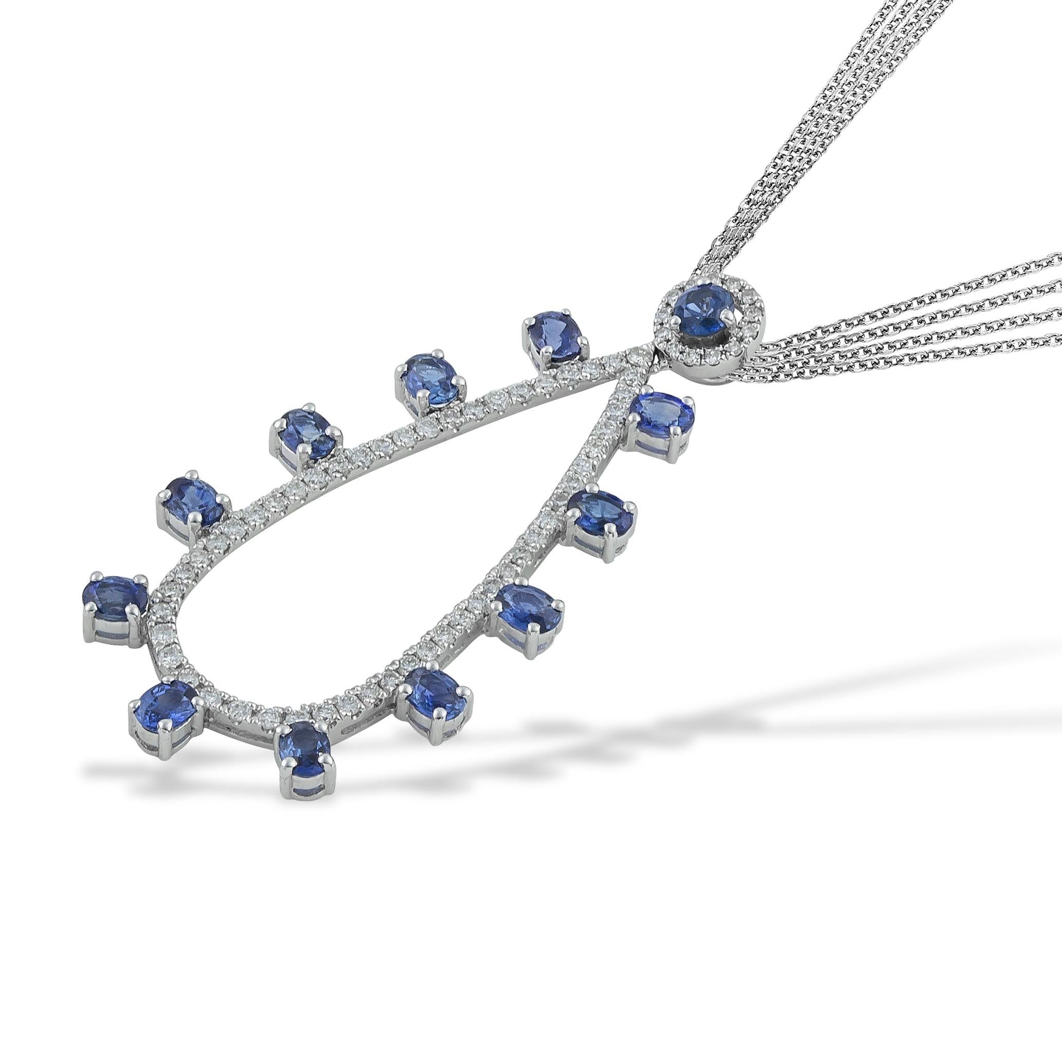 Radiated Oval Blue Sapphires 2.90 Carat in a spectacular Drop - Pear shape Pendant -Necklace set with 0.81 ct briliant cut Diamonds in 18kt White Gold. Original, Elegant with a fluid shape wear well with any look. This sapplire blue drop comes with