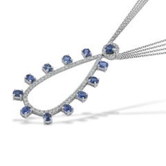 Radiated Oval Blue Sapphires Drop Pear Pendant Necklace Diamonds 18kt White Gold