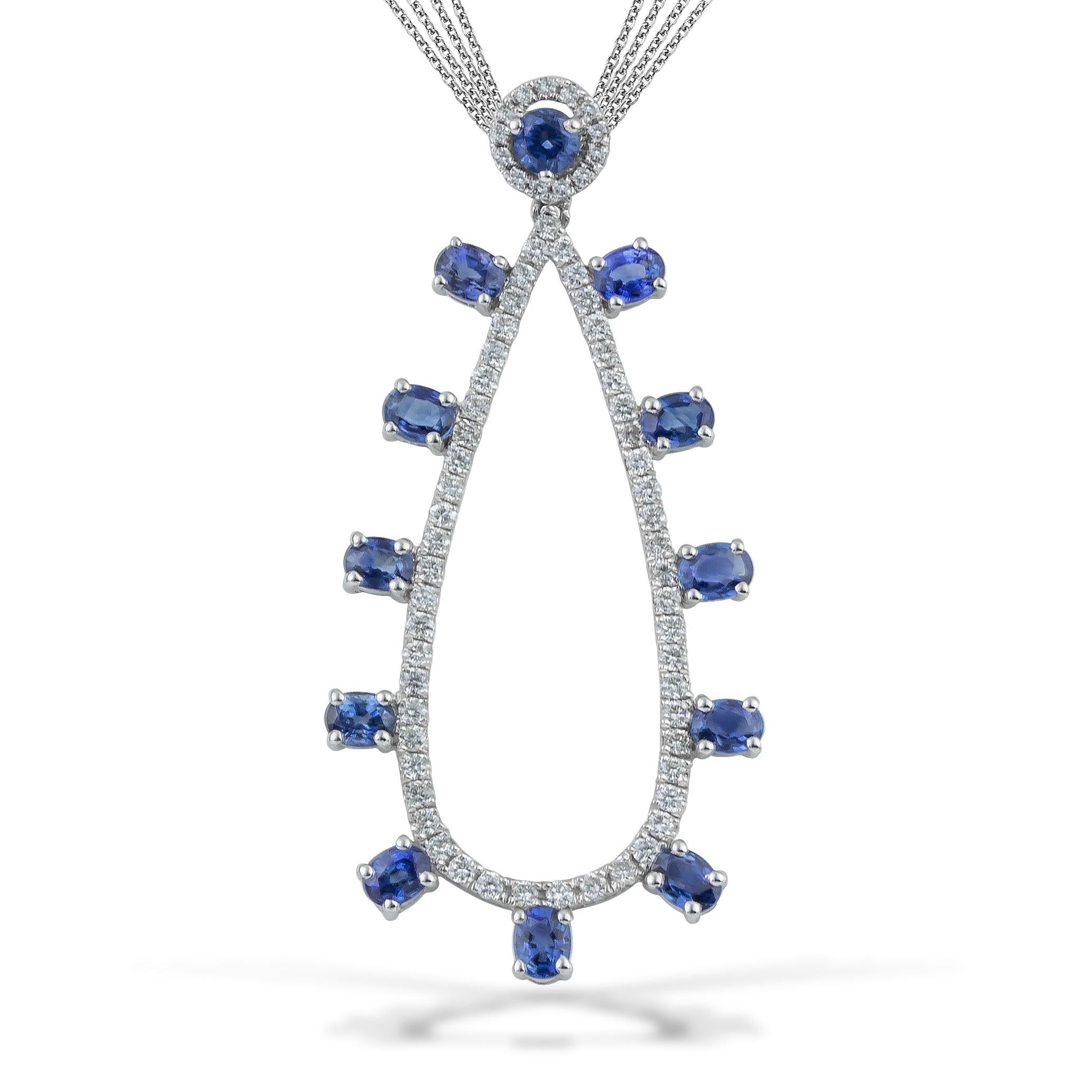 Contemporain Collier pendentif en or blanc 18 carats avec saphirs bleus ovales radiés et diamants en forme de poire en vente