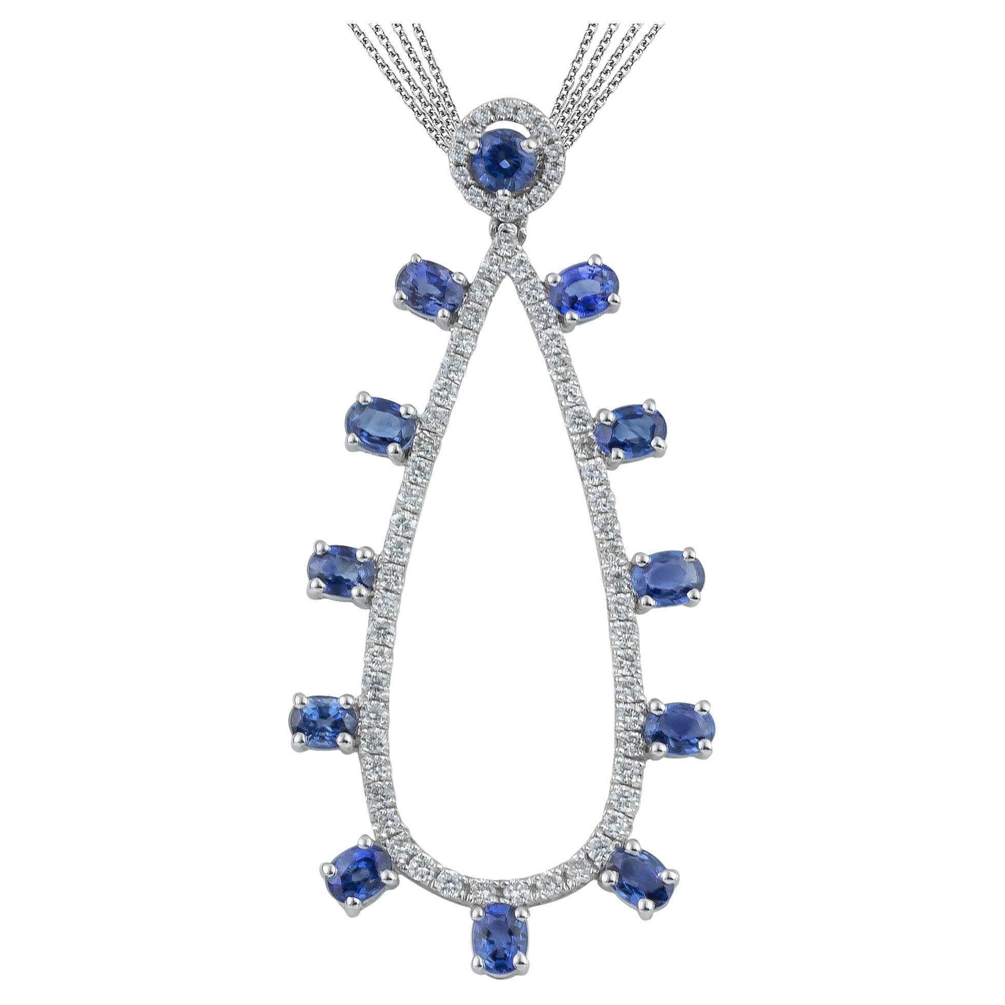Radiated Oval Blue Sapphires Drop Pear Pendant Necklace Diamonds 18kt White Gold For Sale