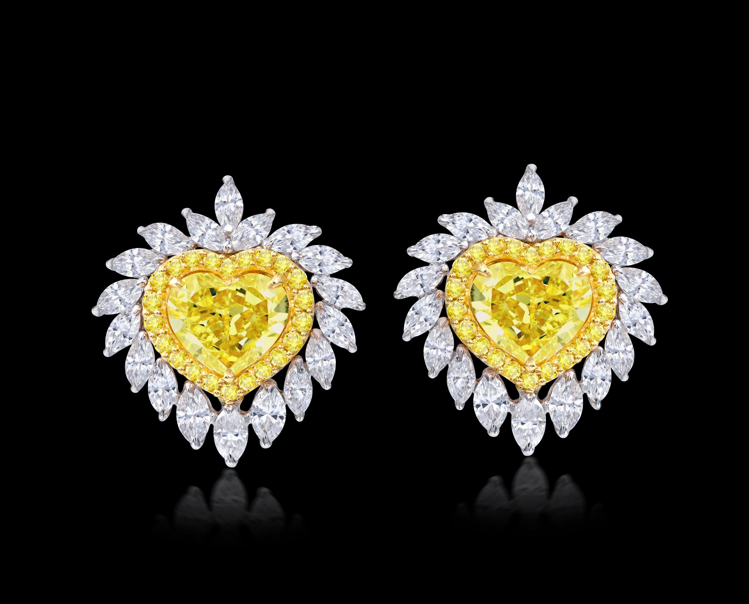 Modern Radiating Heart Shaped Studs, 3.76 Carat For Sale