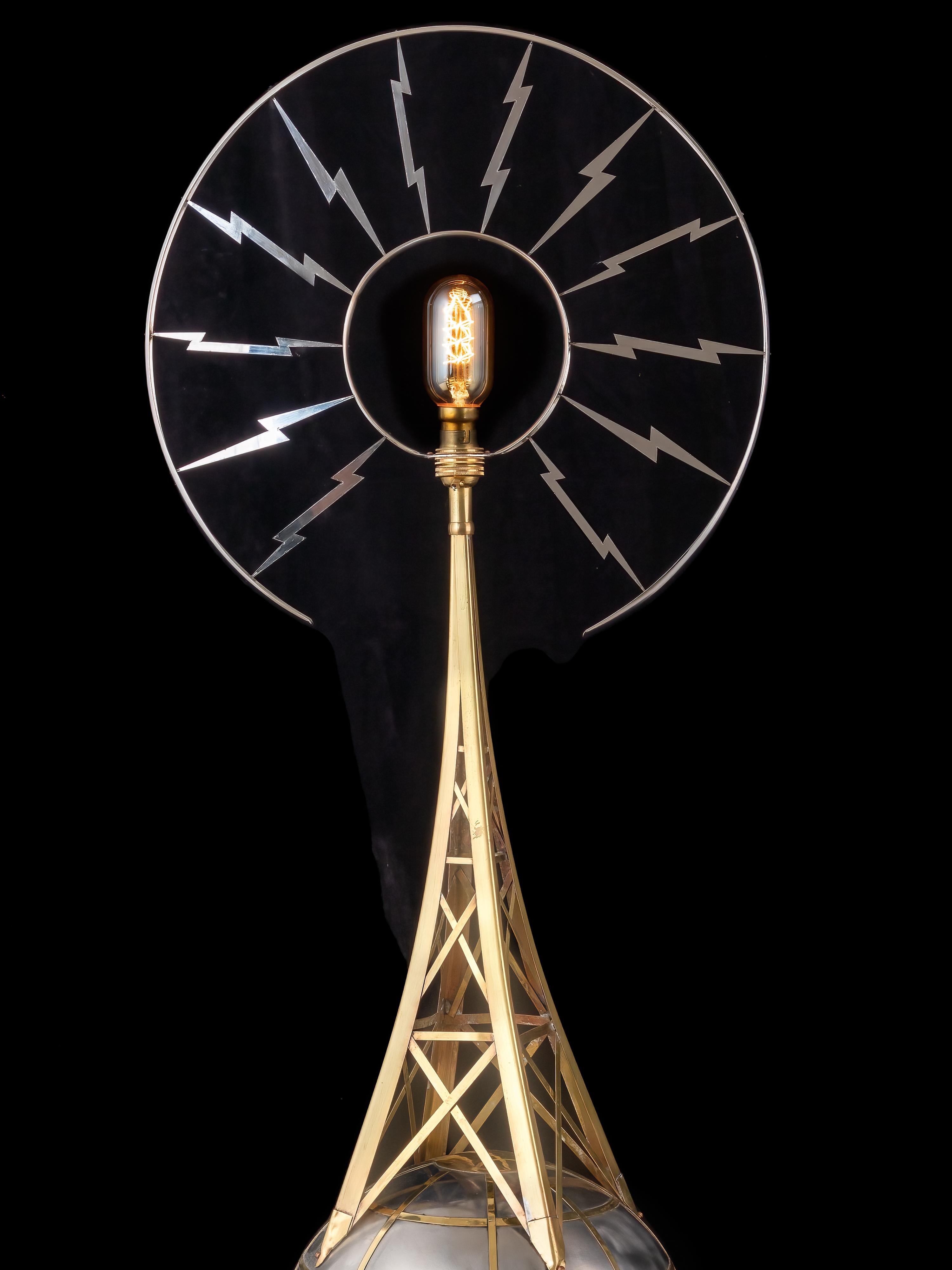 English Radio Pictures. By Sam Rush steel and brass lamp honouring a 1920's movies For Sale