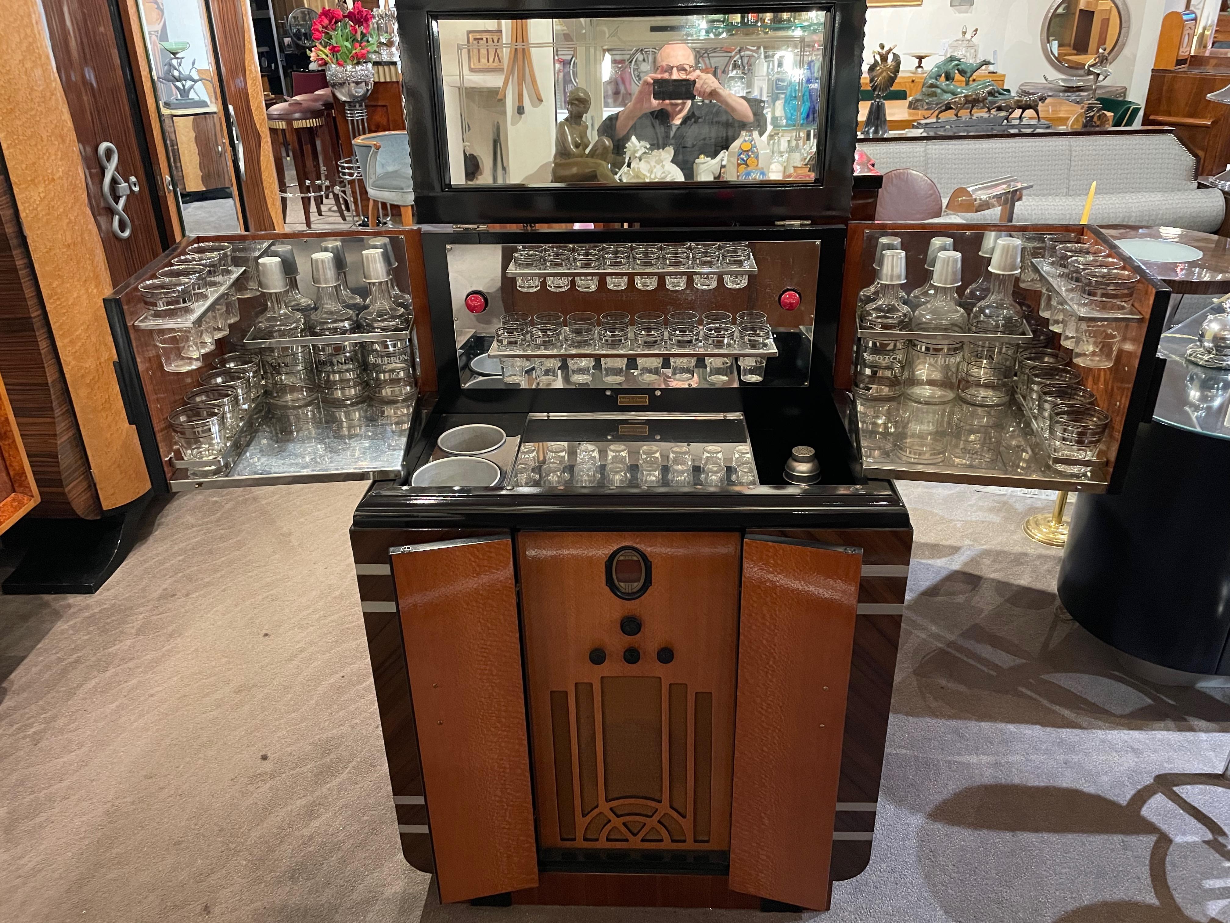 Art Deco Philco Radio Bar is one of the most highly sought-after pieces by radio and bar enthusiasts alike. Created originally during the Prohibition Era, a time of fascination with hidden and secret liquor bars, it reached a high point with its