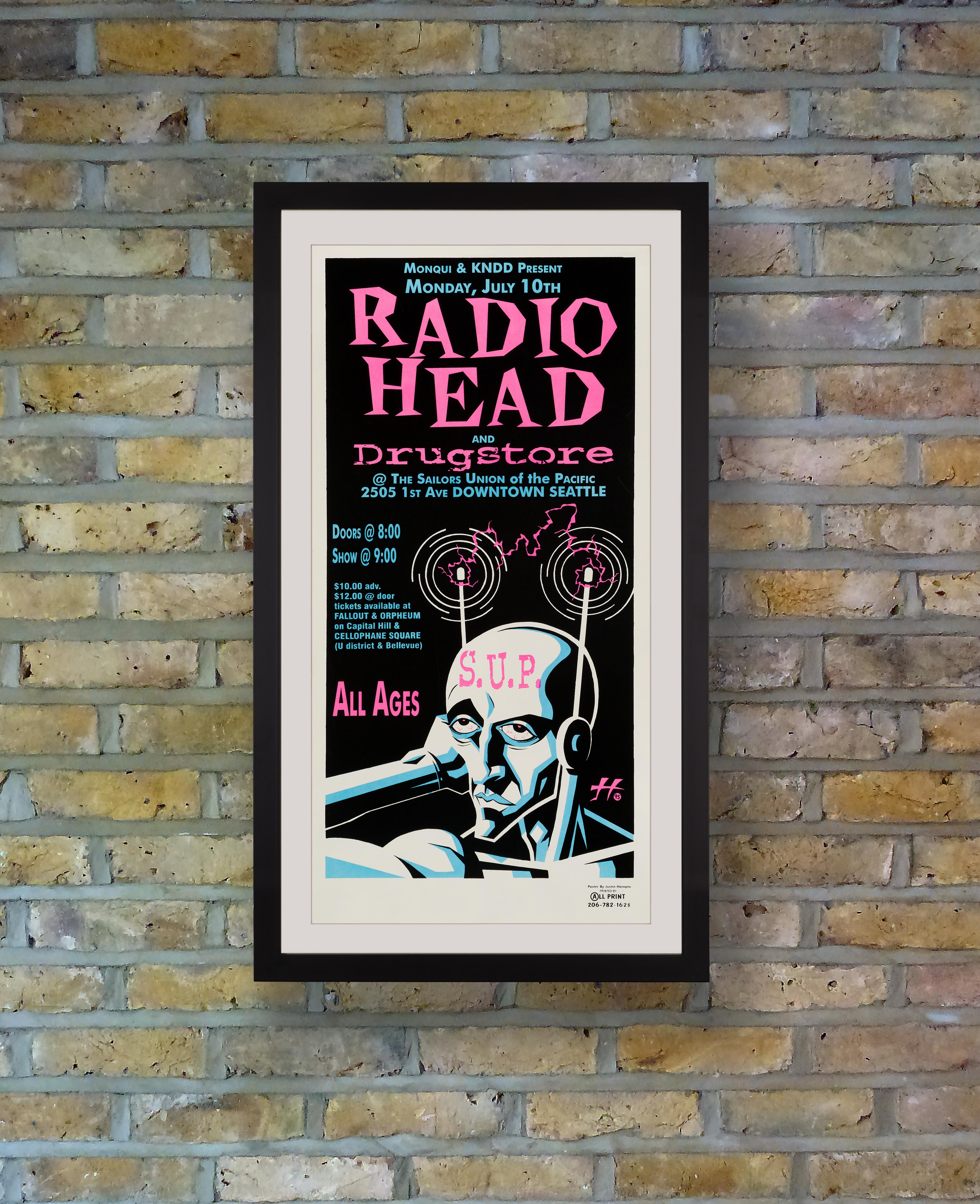 A rare and early screenprint poster for a performance by Radiohead at the Sailors Union of the Pacific, Seattle on Monday 10th July, 1995, in support of their 1995 album 