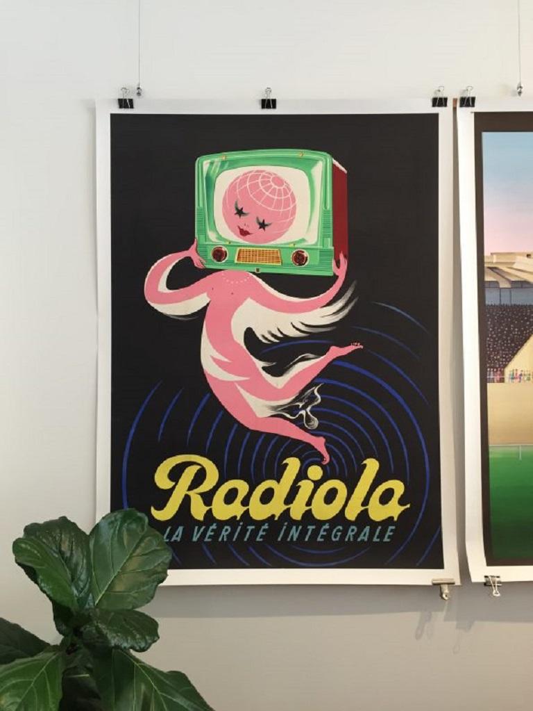 Great poster advertising Radiola TV created by artist Rene Ravo. A perfect 1950s poster.