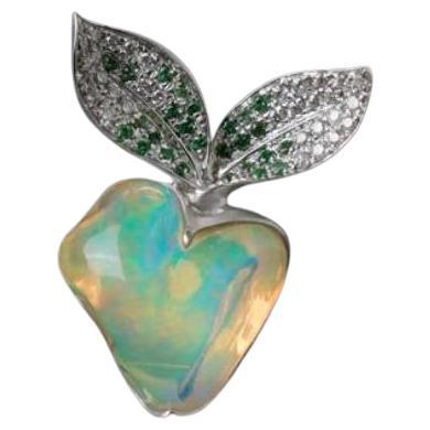 Radish Elegance - Fire Opal Diamond Tsavorite Pendant 18K White Gold For Sale