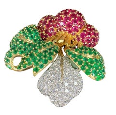 Radish & Turnip Symbol Red Burmese Ruby & Emerald & Diamond Vintage Brooch