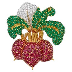 Radish & Turnip Symbol Red Burmese Ruby & Emerald & Diamond Vintage Brooch