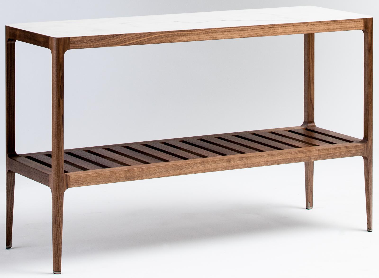 This modern walnut console table designed and fabricated by Munson Furniture fits beautifully with traditional and contemporary designs and can be tailored to fit your space. See photos for just a few of the many customizable options. Every detail