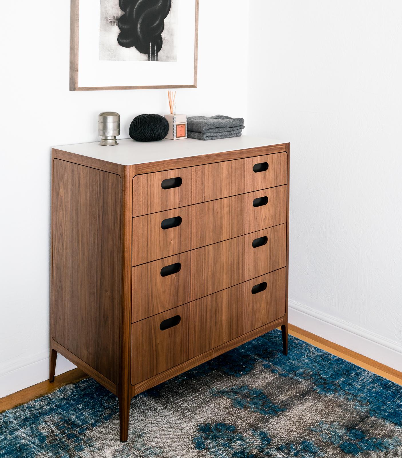 Mid-Century Modern Customizable Four-Drawer Dresser from Munson Furniture in Walnut  For Sale