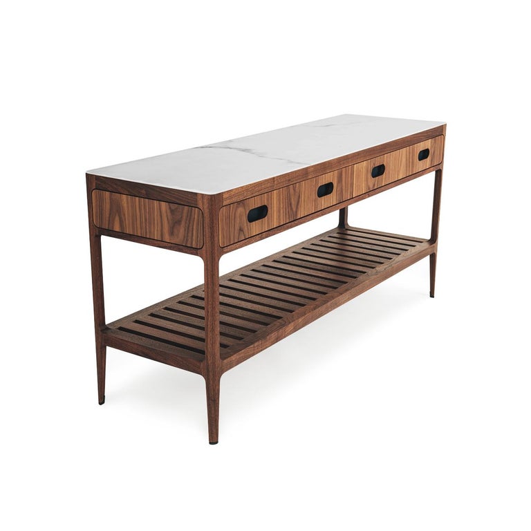 Radius Freestanding Vanity in Walnut with Slatted Shelf and Solid