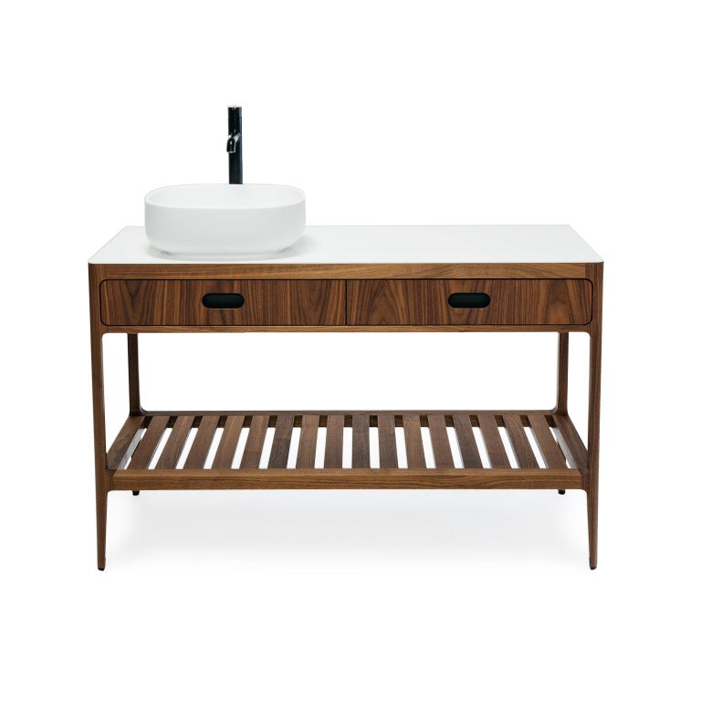 Radius Freestanding Vanity in Walnut with Slatted Shelf and Solid