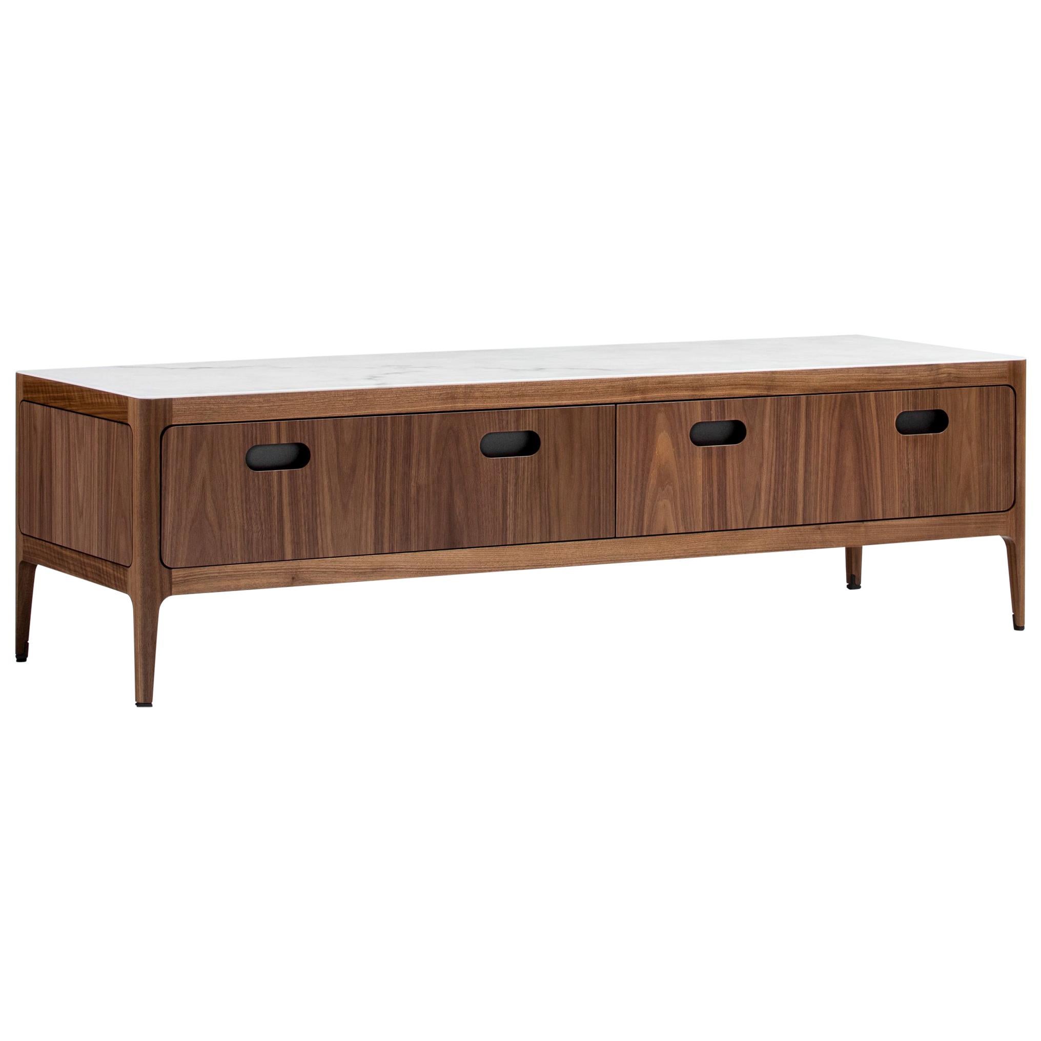 Customizable Low Console Table with Drawers in Walnut by Munson Furniture For Sale