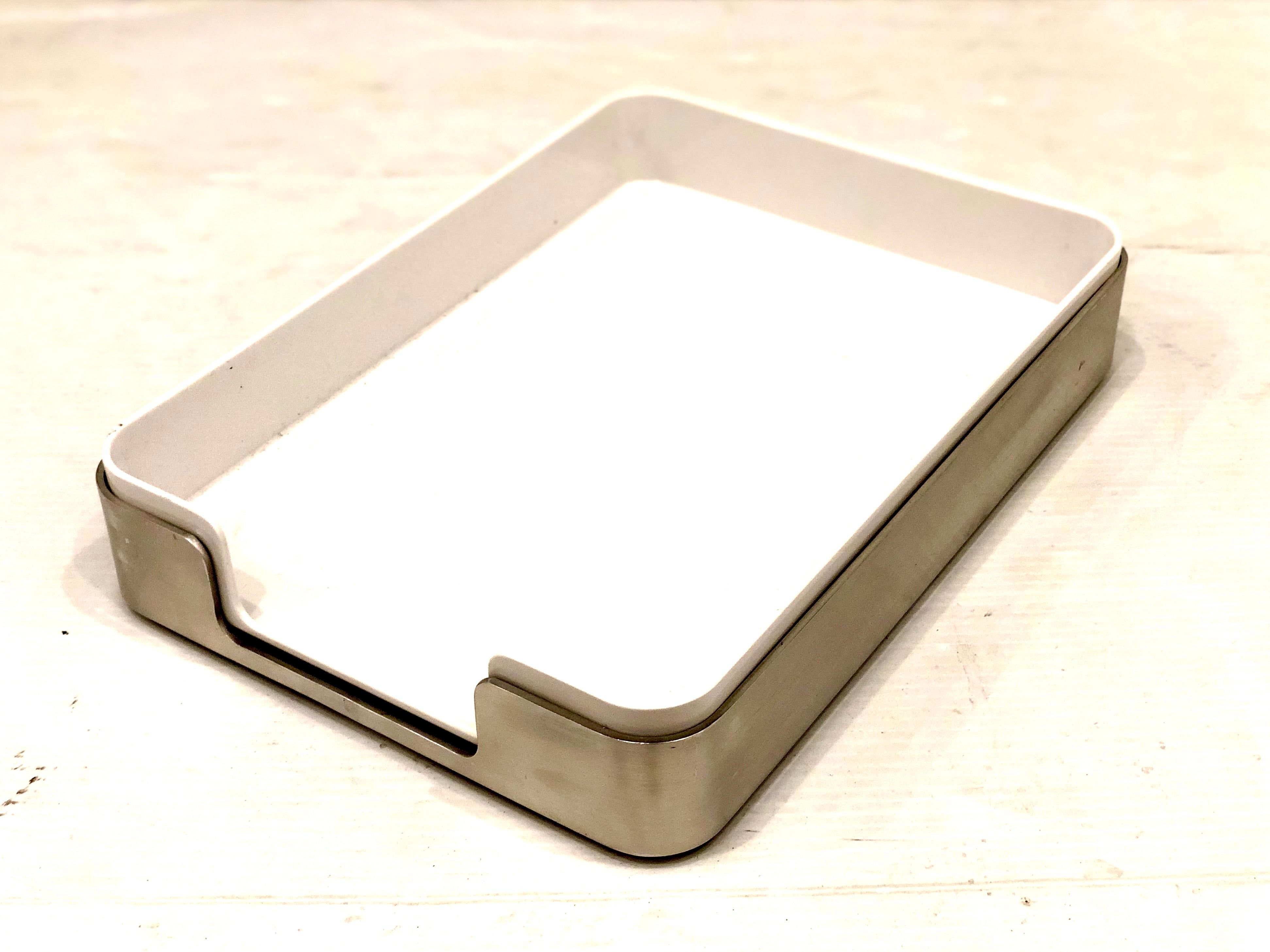 American Radius One Double Letter Tray by William Sklaroff in Chrome & White Plastic For Sale