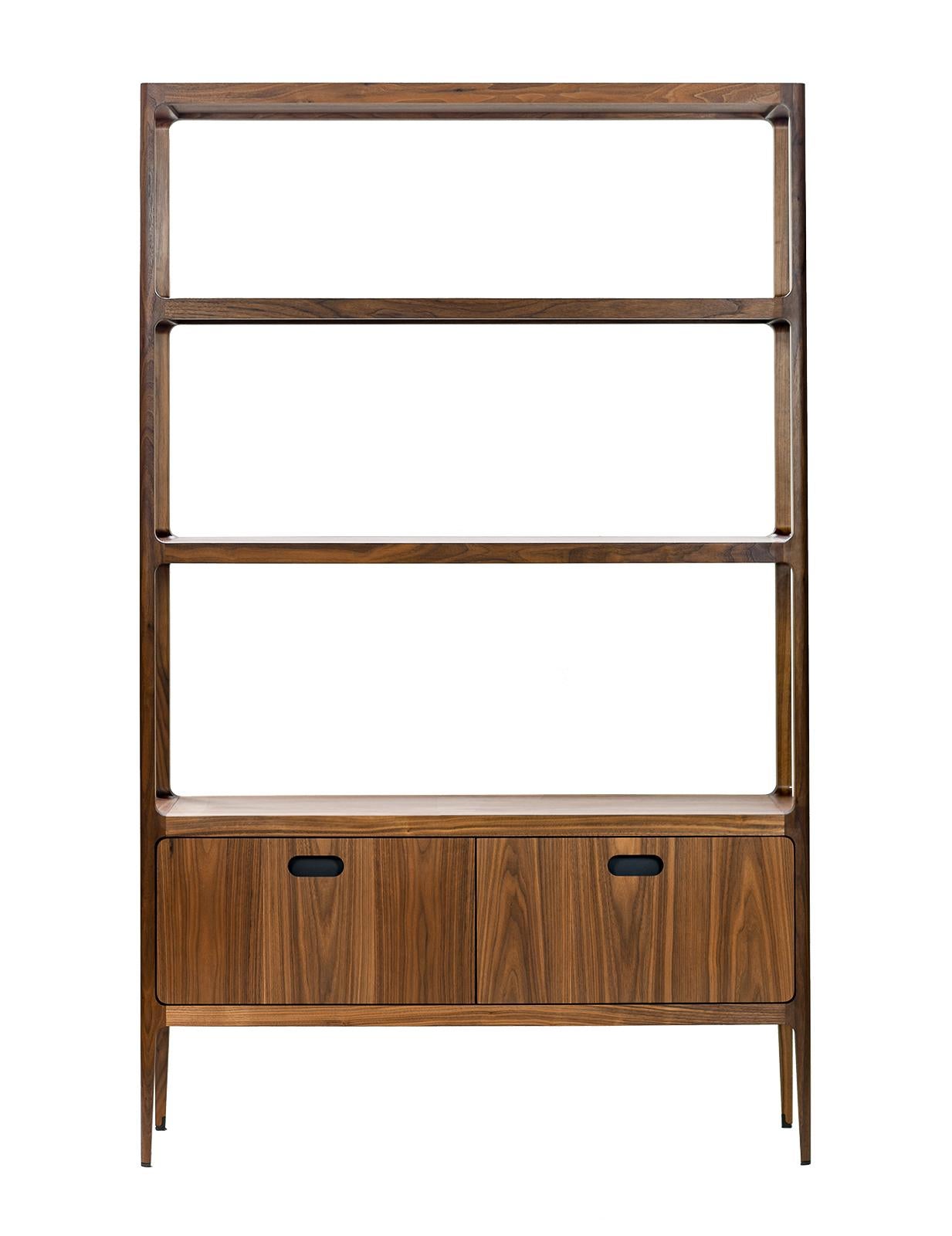 One of the largest pieces in the Radius collection by Munson Furniture, this customizable shelving unit has a modern esthetic that fits beautifully with both traditional and contemporary designs and can be used as a bookshelf, display case or bar.