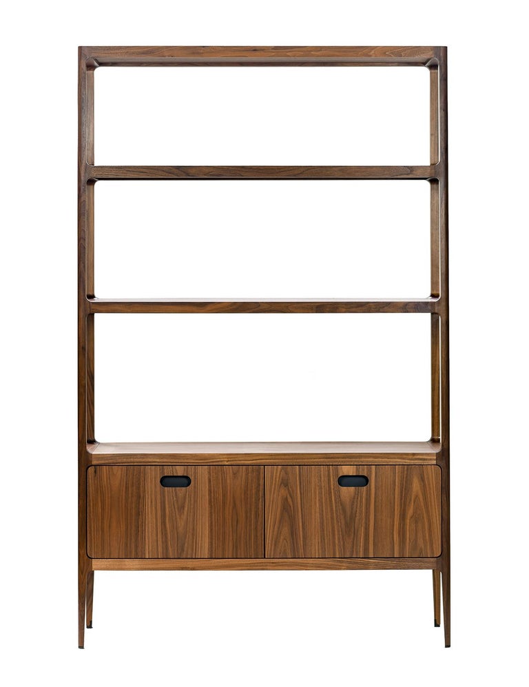 Radius Three Shelf Walnut Étagère with Two Drawers and Blackened Brass