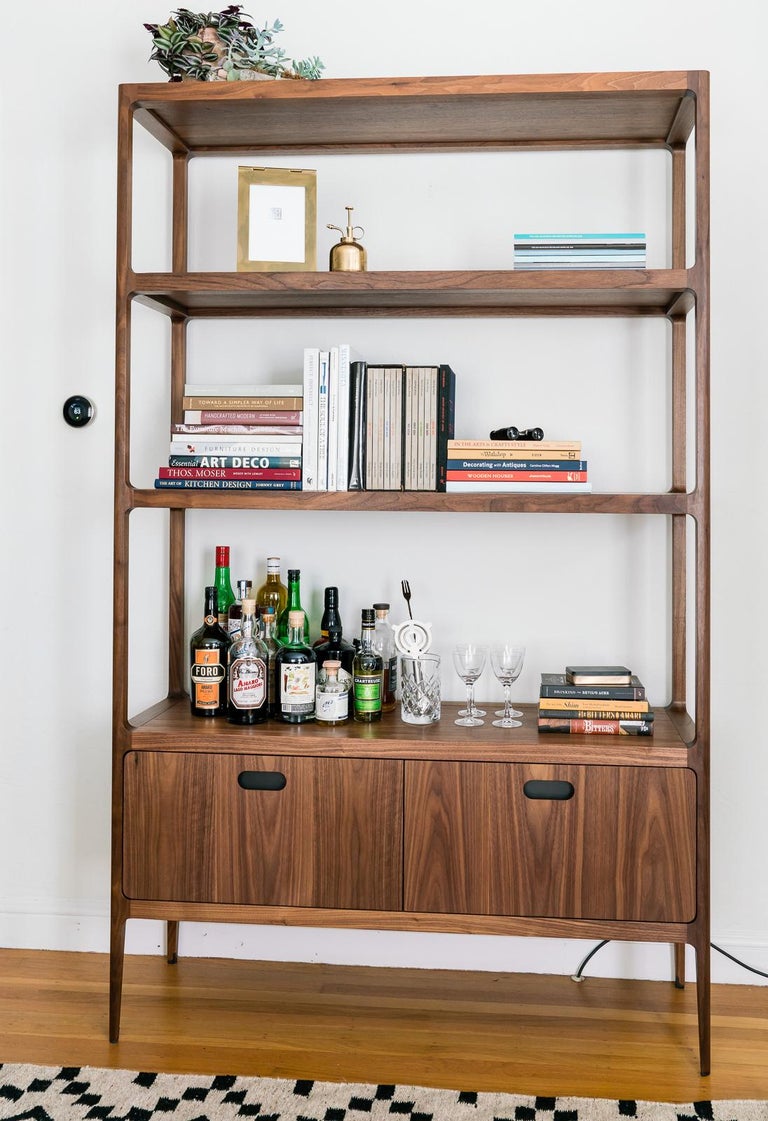 Radius Three Shelf Walnut Étagère with Two Drawers and Blackened Brass