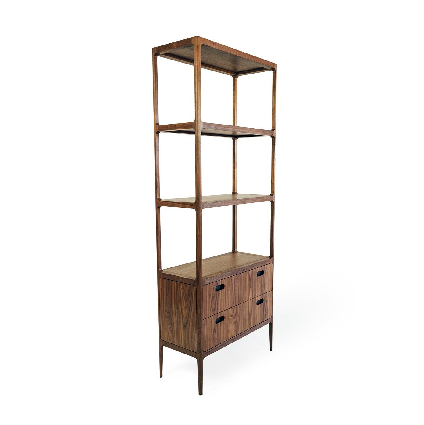 This shelving unit draws inspiration from midcentury designs and fits beautifully with both traditional and contemporary interiors. Designed by Munson Furniture to be used as a bookshelf, display case or bar, the dimensions are all customizable. As