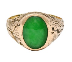 Radke & Co. Anello con sigillo unisex antico in giada Art Nouveau in oro giallo 14 carati