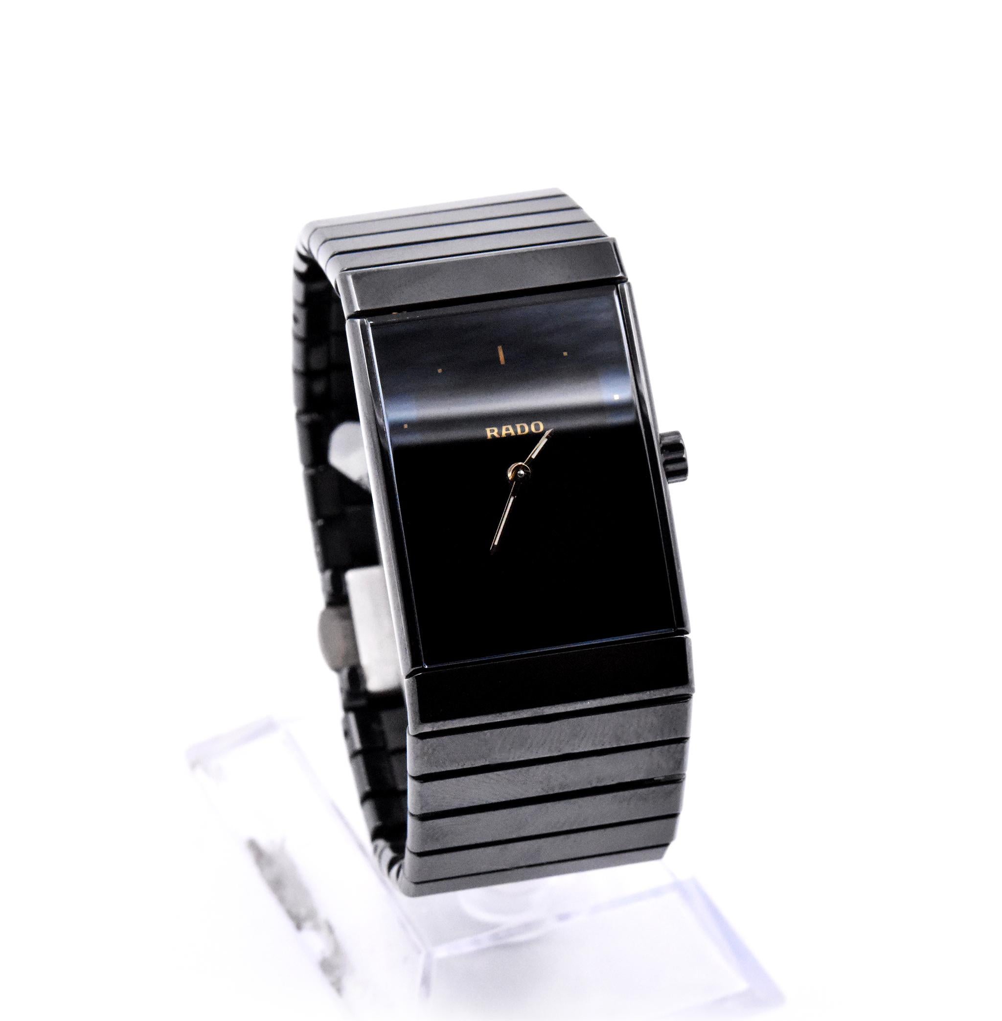 Movement: quartz 
Function: hours, minutes
Case: 30mm x 24.30mm rectangular ceramic case, push/pull crown, sapphire crystal
Dial: black dial, gold hands
Reference: 196.0364.3
Case #: 01965XXX


Does not come with original box or
