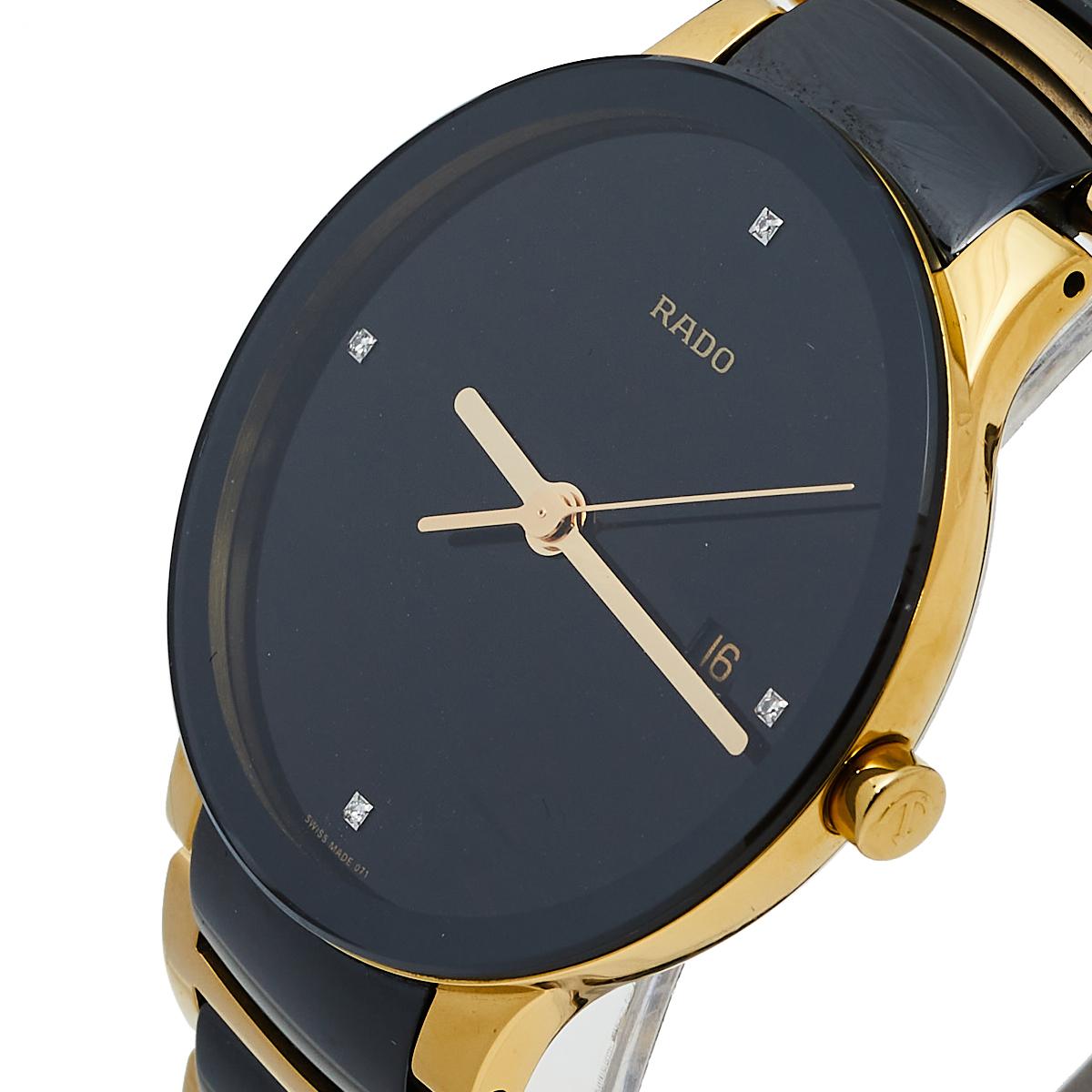 This wristwatch from Rado is elegance represented in a subtle fashion. Created from PVD-plated stainless steel, this watch flaunts a round case. It follows a quartz movement and has a black dial with stud hour markers, three hands, a date window,