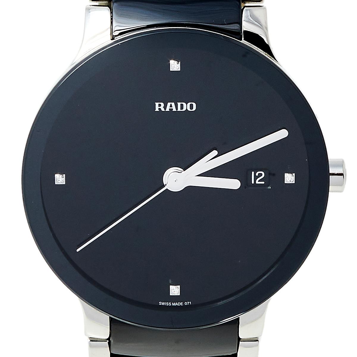 Contemporary Rado Black Stainless Steel Ceramic Centrix Diamonds Unisex Wristwatch 38 mm