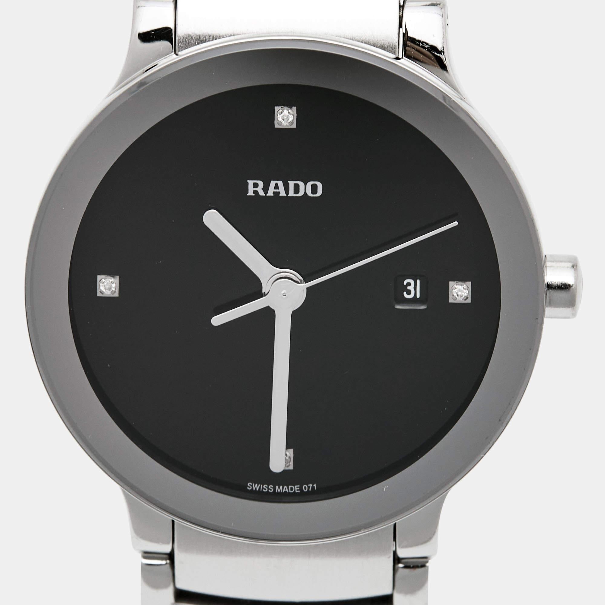 Rado Black Stainless Steel Diamond Centrix R30928713 Montre-bracelet pour femmes 28 mm en vente 3