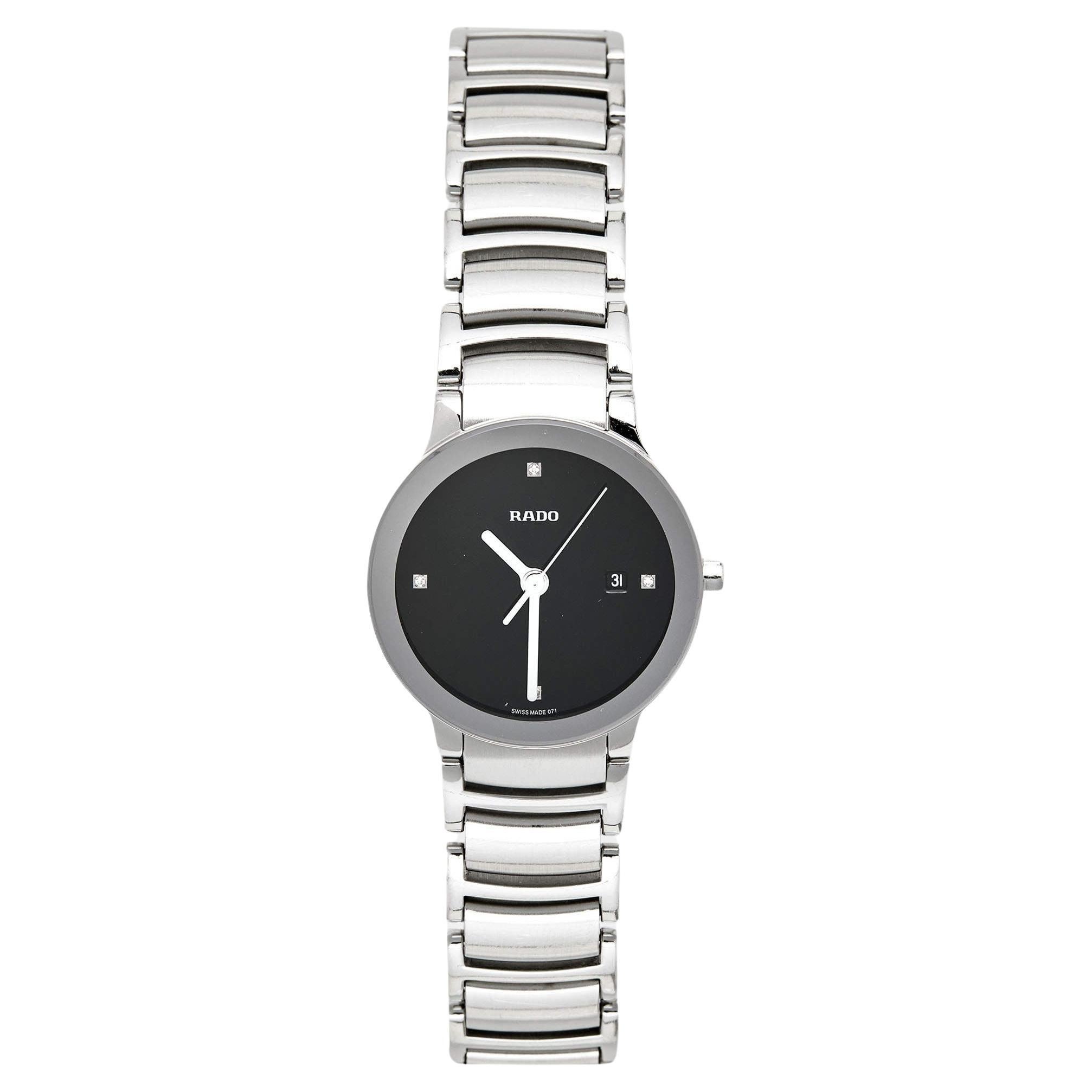 Rado Black Stainless Steel Diamond Centrix R30928713 Women's Wristwatch 28 mm For Sale