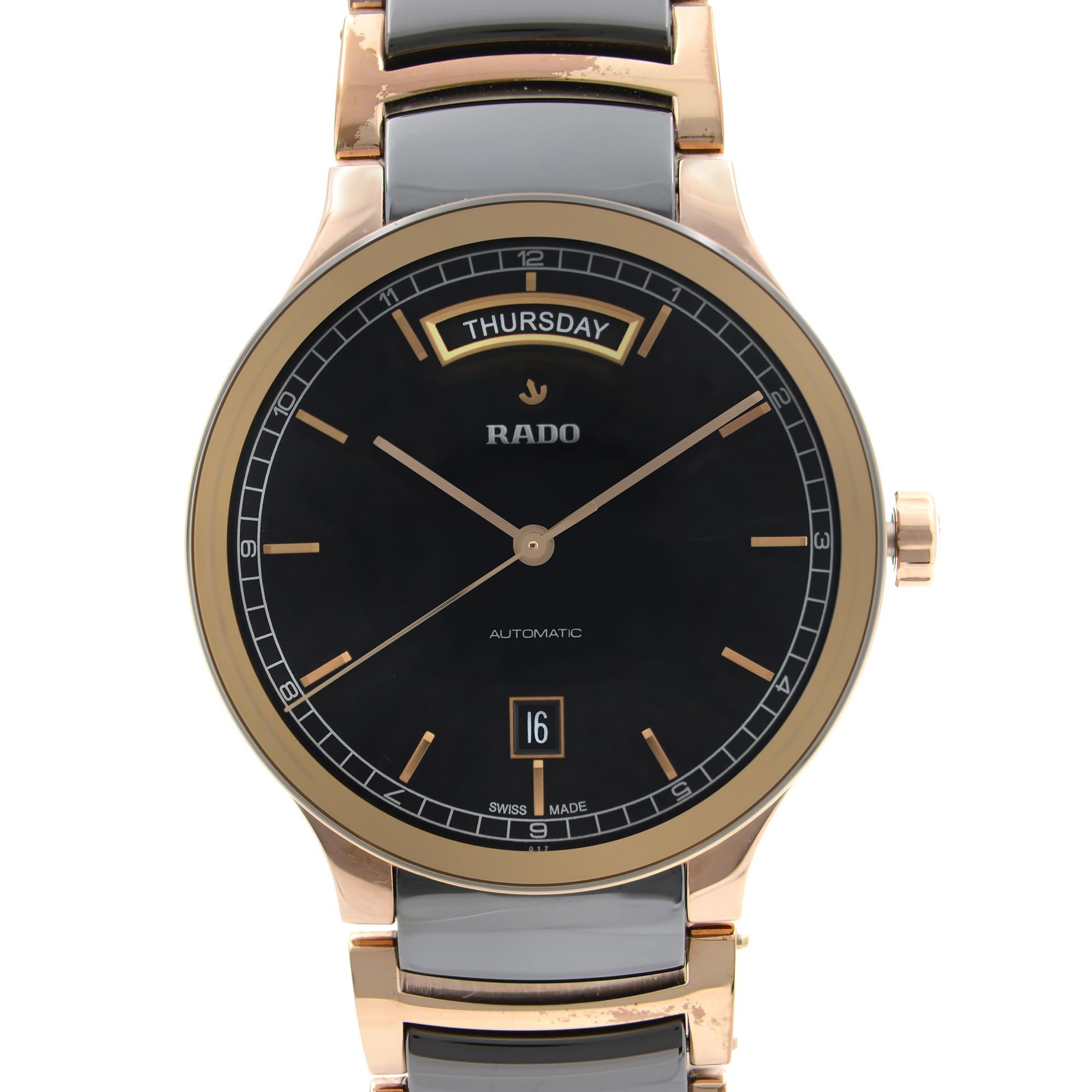 Pre-owned Rado Centrix Steel Ceramic Two-Tone Black Dial Automatic Men's Watch R30158172. The Watch Has Minor Scratches on the Case and Bracelet. This Beautiful Timepiece is Powered by Mechanical (Automatic) Movement and Features: Round Rose Gold
