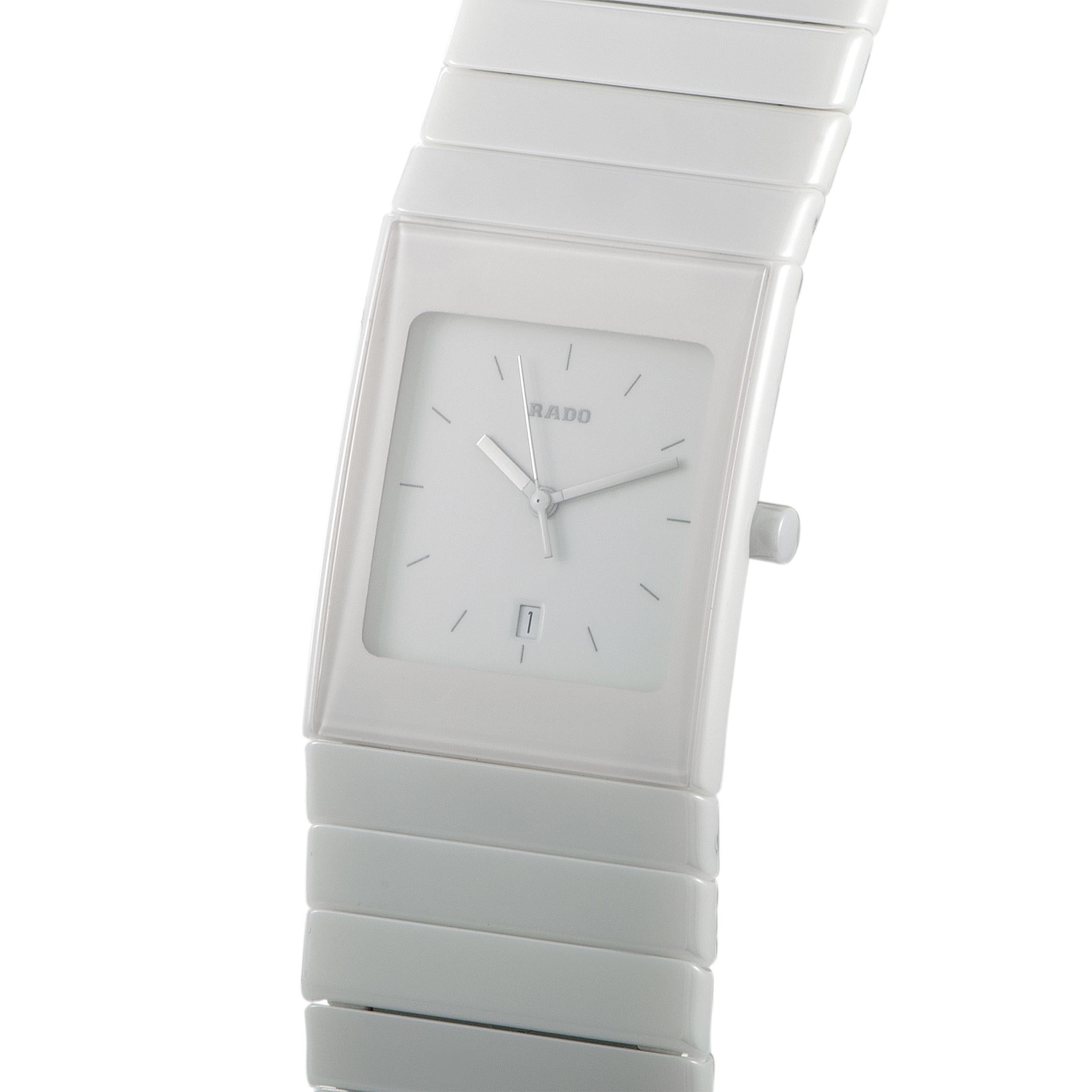 The Rado Ceramica, reference number R21711022, is presented within the exquisite “Ceramica” collection.

The watch boasts a white ceramic case that is mounted onto a matching white ceramic bracelet fitted with a deployment clasp. The case is