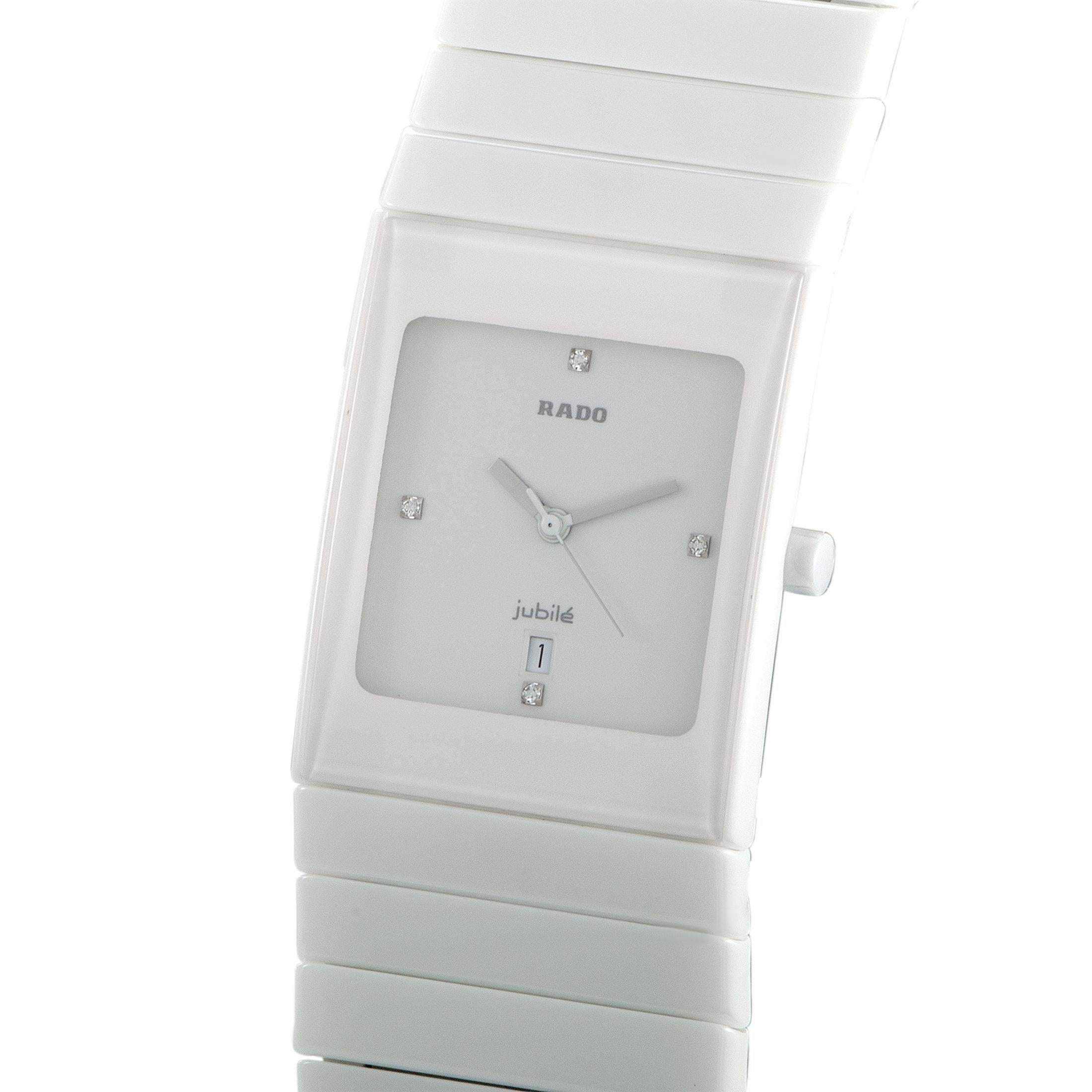 The Rado Ceramica, reference number R21711702, is presented within the exquisite “Ceramica” collection.

The watch boasts a white ceramic case that is mounted onto a matching white ceramic bracelet fitted with a deployment clasp. The case is
