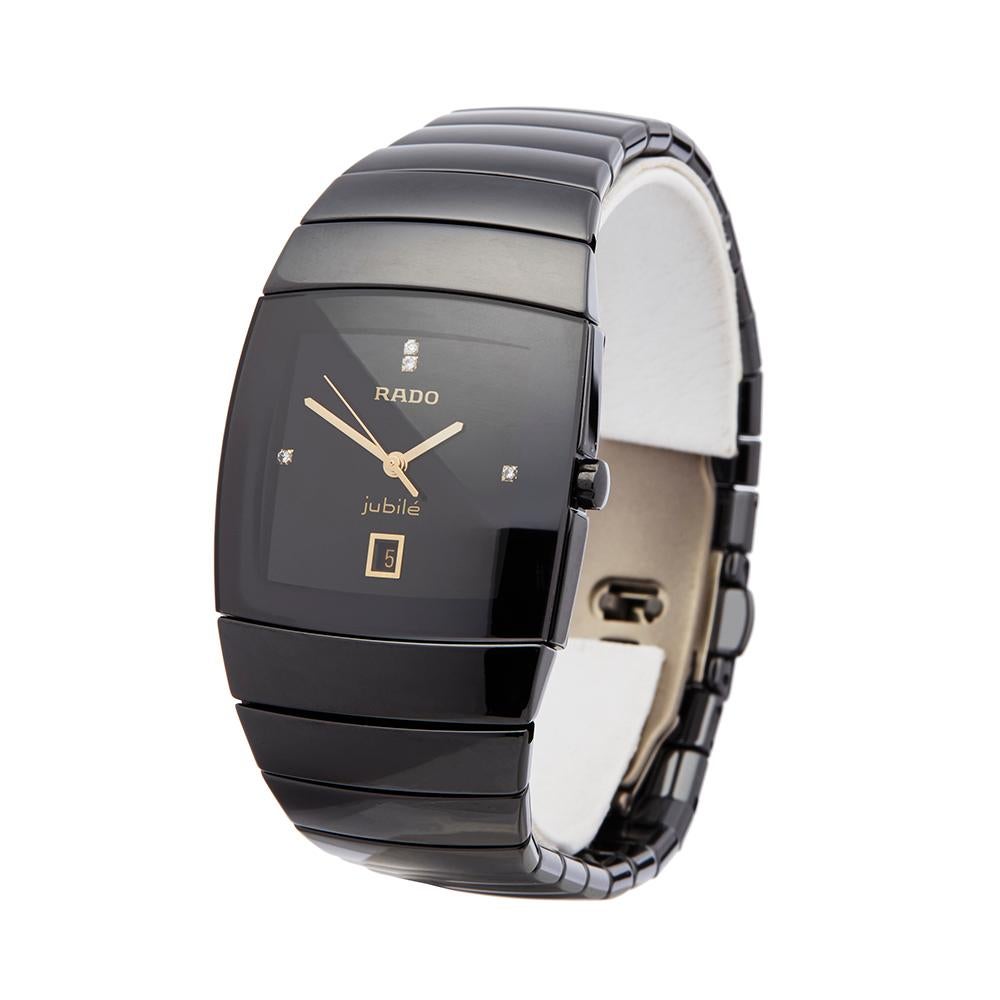 Ref: W5593
Manufacturer: Rado
Model: Sintra
Model Ref: R13725712
Age: 
Gender: Ladies
Complete With: Box, Manuals & Guarantee
Dial: Black Diamonds
Glass: Sapphire Crystal
Movement: Quartz
Water Resistance: To Manufacturers Specifications
Case: