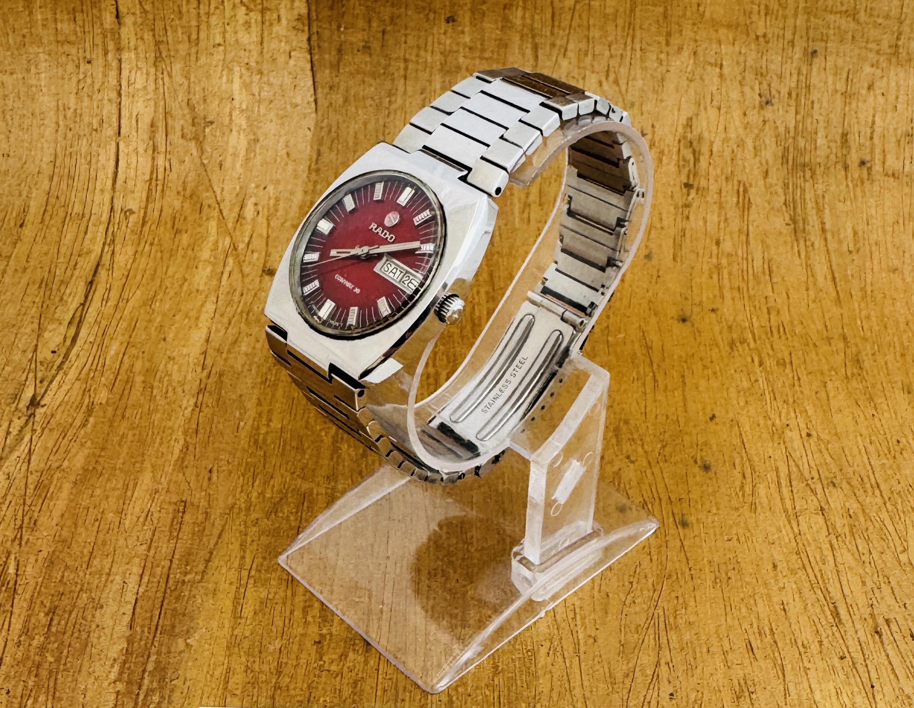 Men's Rado CONWAY 30 watch Automatic Rare Red Dial Day / Date Stainless Steel Watch For Sale