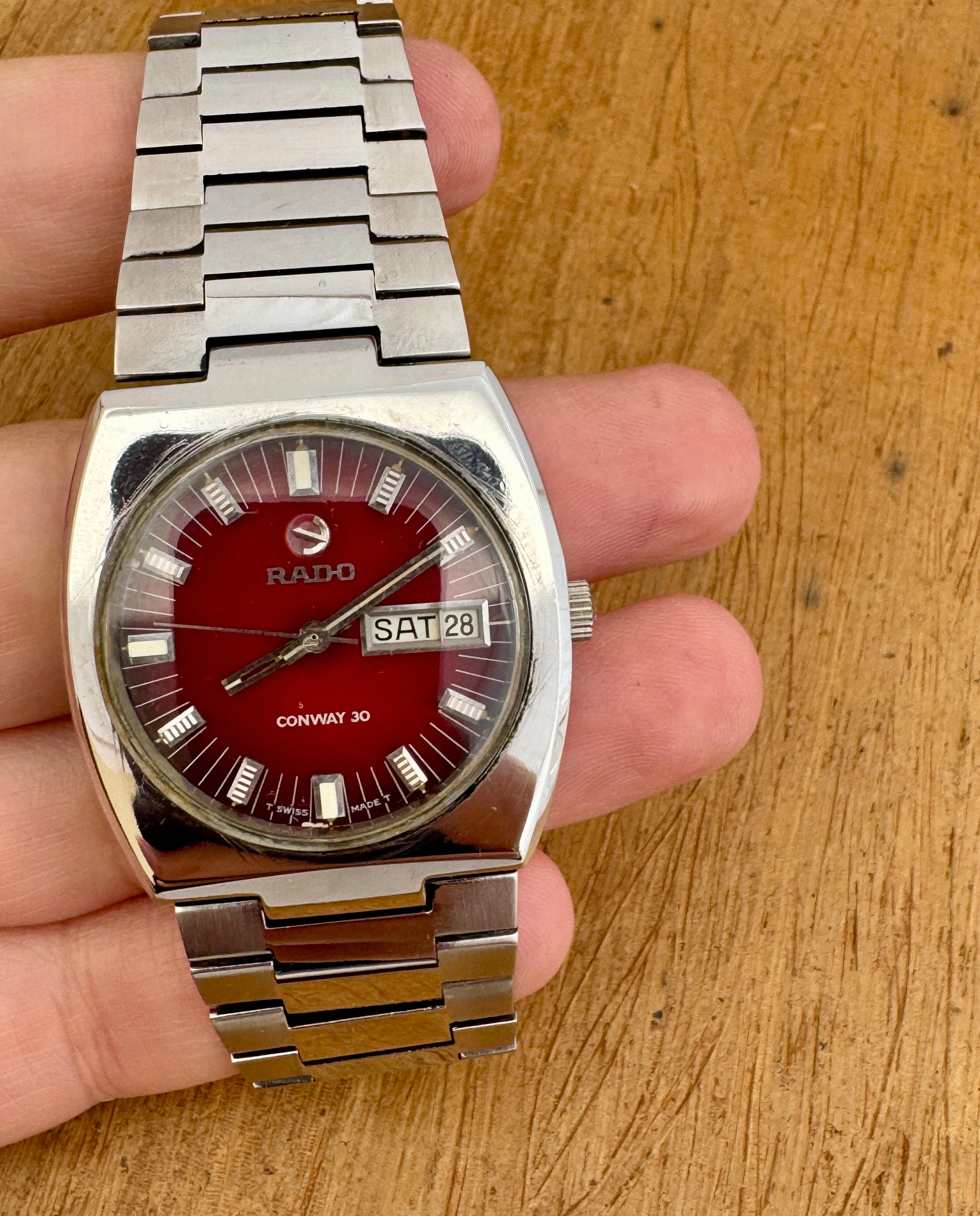 Rado CONWAY 30 watch Automatic Rare Red Dial Day / Date Stainless Steel Watch For Sale 1