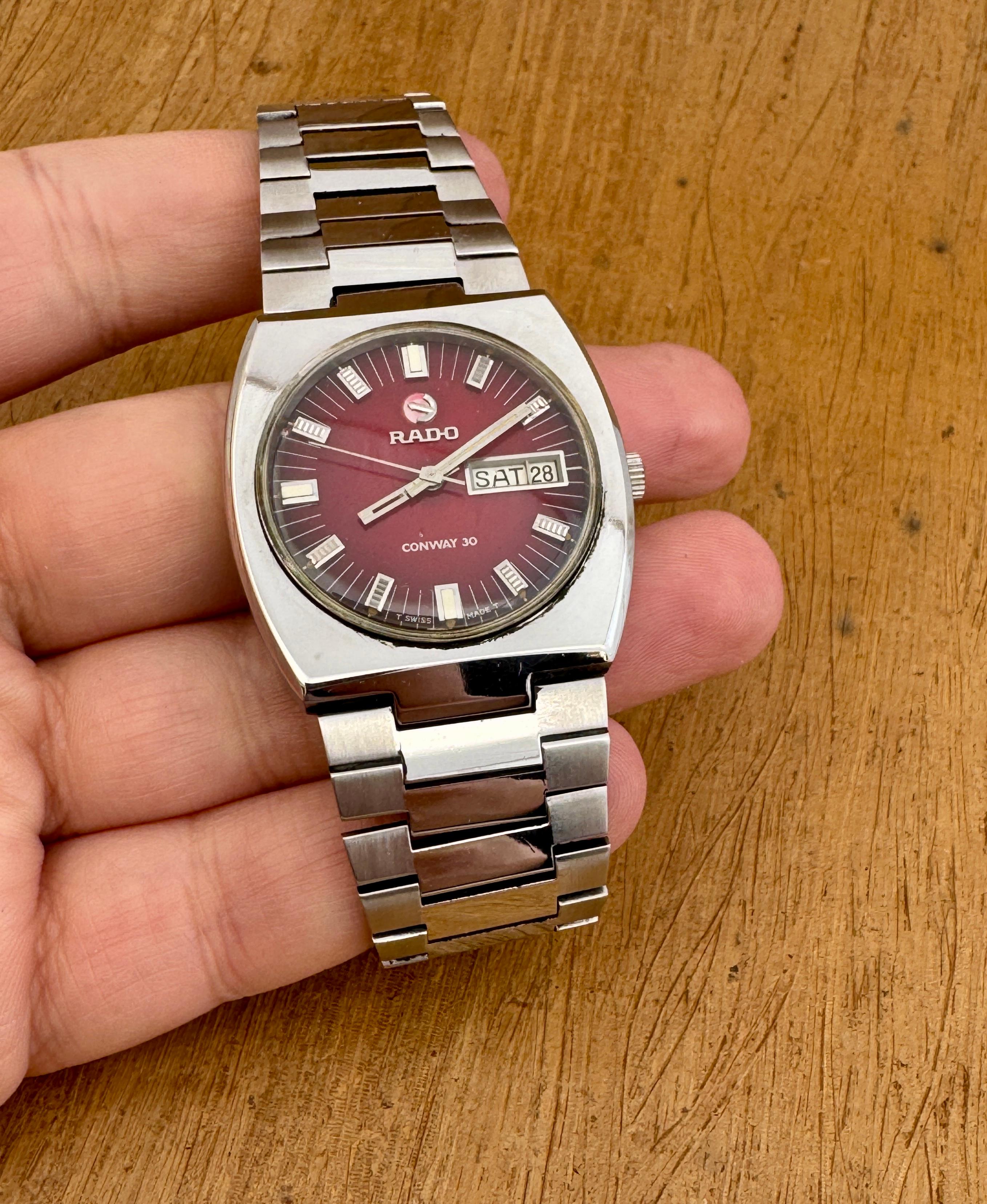 Rado CONWAY 30 watch Automatic Rare Red Dial Day / Date Stainless Steel Watch For Sale 4