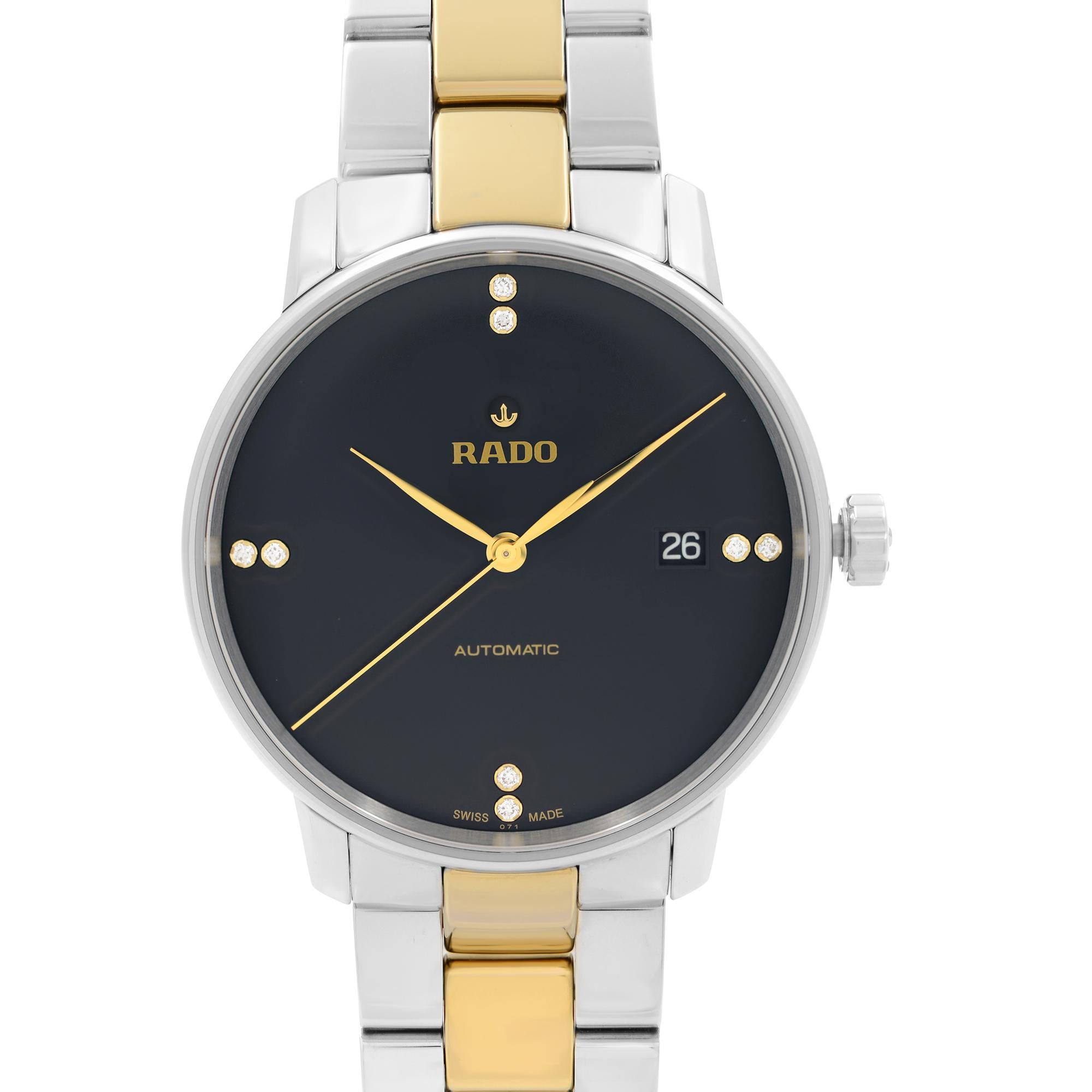 Display Model Rado Coupole Classic Steel Black Diamond Dial Automatic Men's Watch R22860712. Timepiece Features: Stainless Steel Case with a Two-Tone Stainless Steel Bracelet. Black Dial with Yellow Gold-Tone Hands, And Diamond Hour Markers. Comes