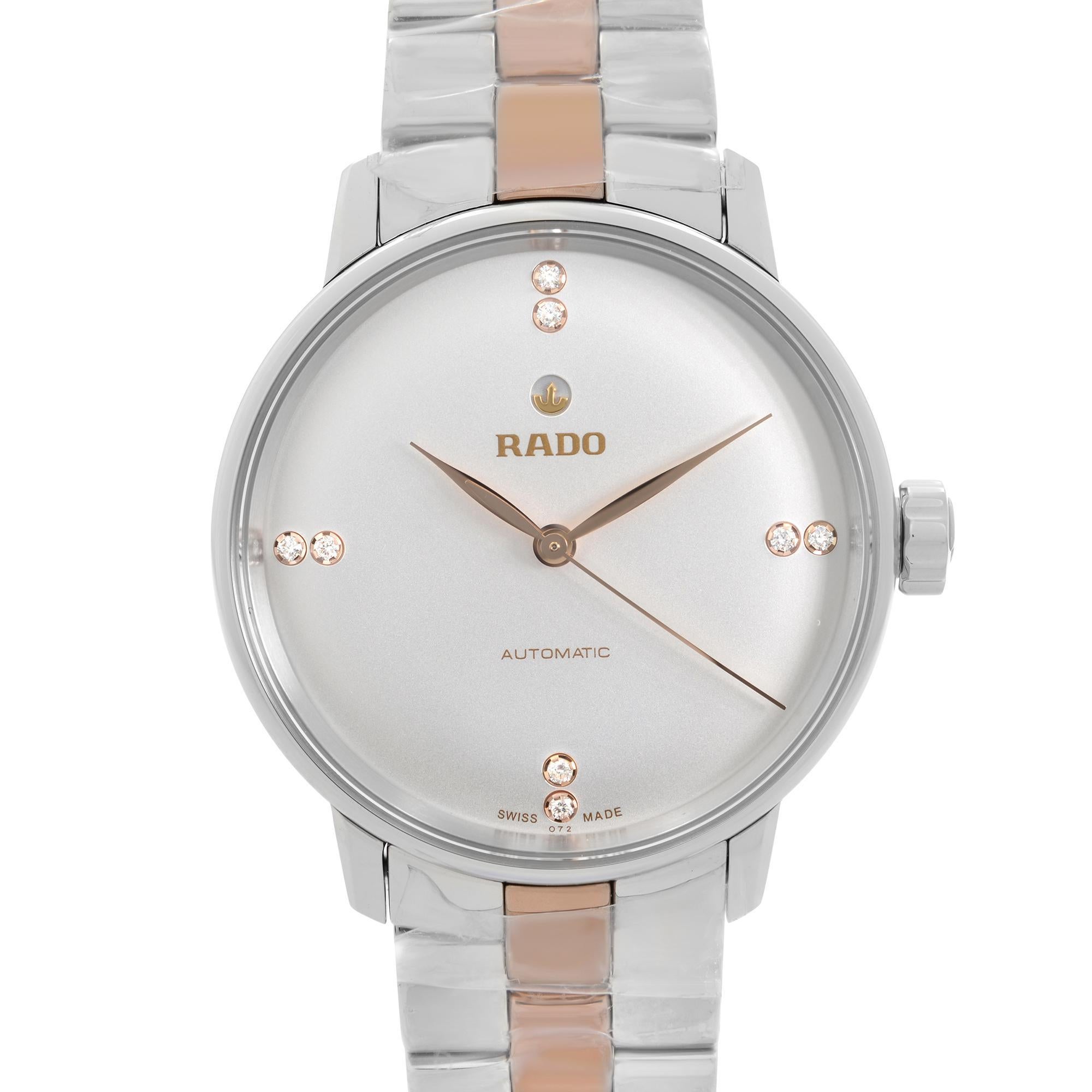 Unworn Rado Coupole Classic Steel Ceramic White Diamond Dial Ladies Watch R22862722. This Beautiful Ladies Timepiece is Powered By a Mechanical (Automatic) Movement and Features: Stainless Steel Case with a Two-Tone Stainless Steel and Ceramic