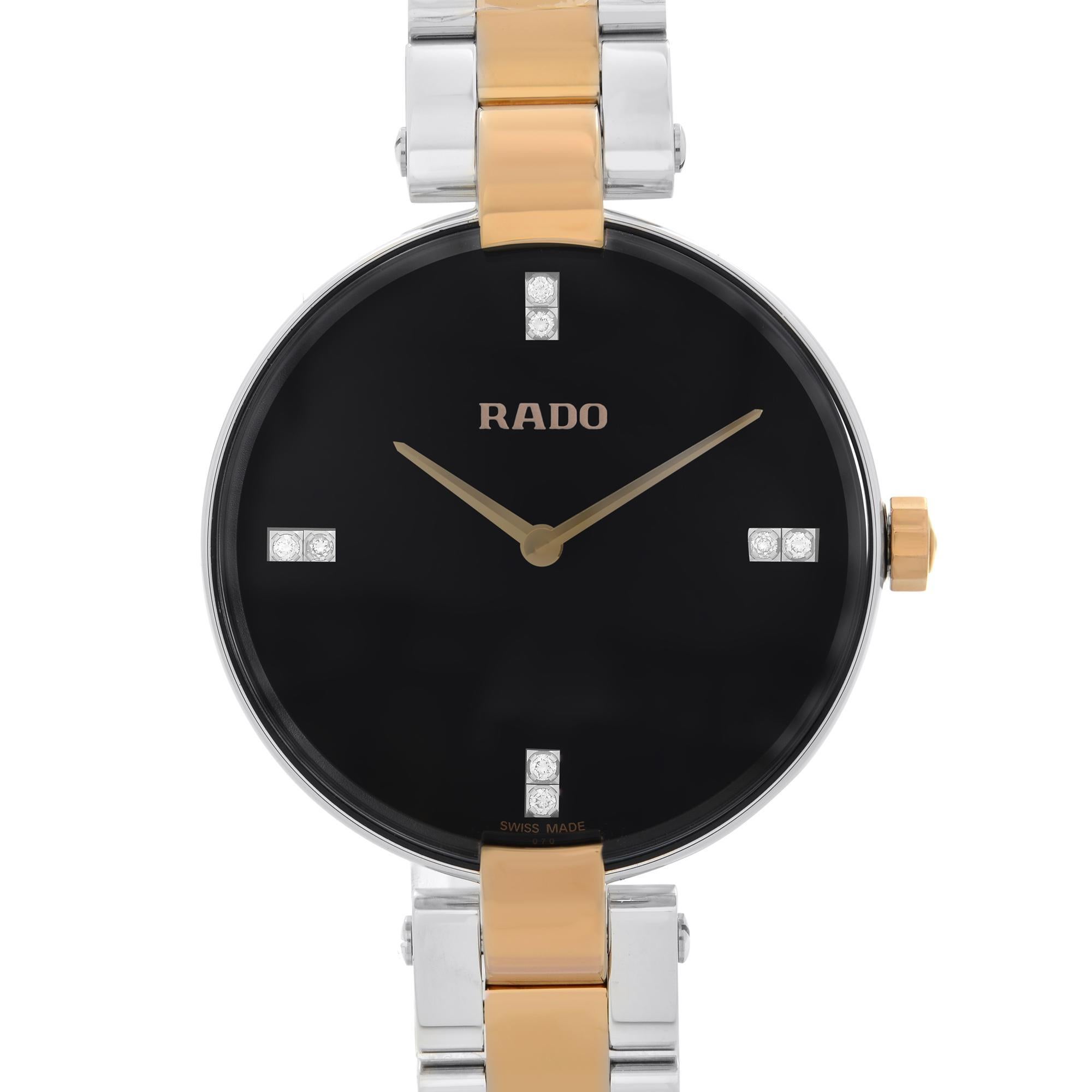 Unworn Rado Coupole M Two-Tone Steel Black Diamond Dial Ladies Quartz Watch R22850703. This Ladies Timepiece is Powered by a Quartz (Battery) Movement and Features: Stainless Steel Case with a Two-Tone Stainless Steel Bracelet. Fixed Bezel, Black