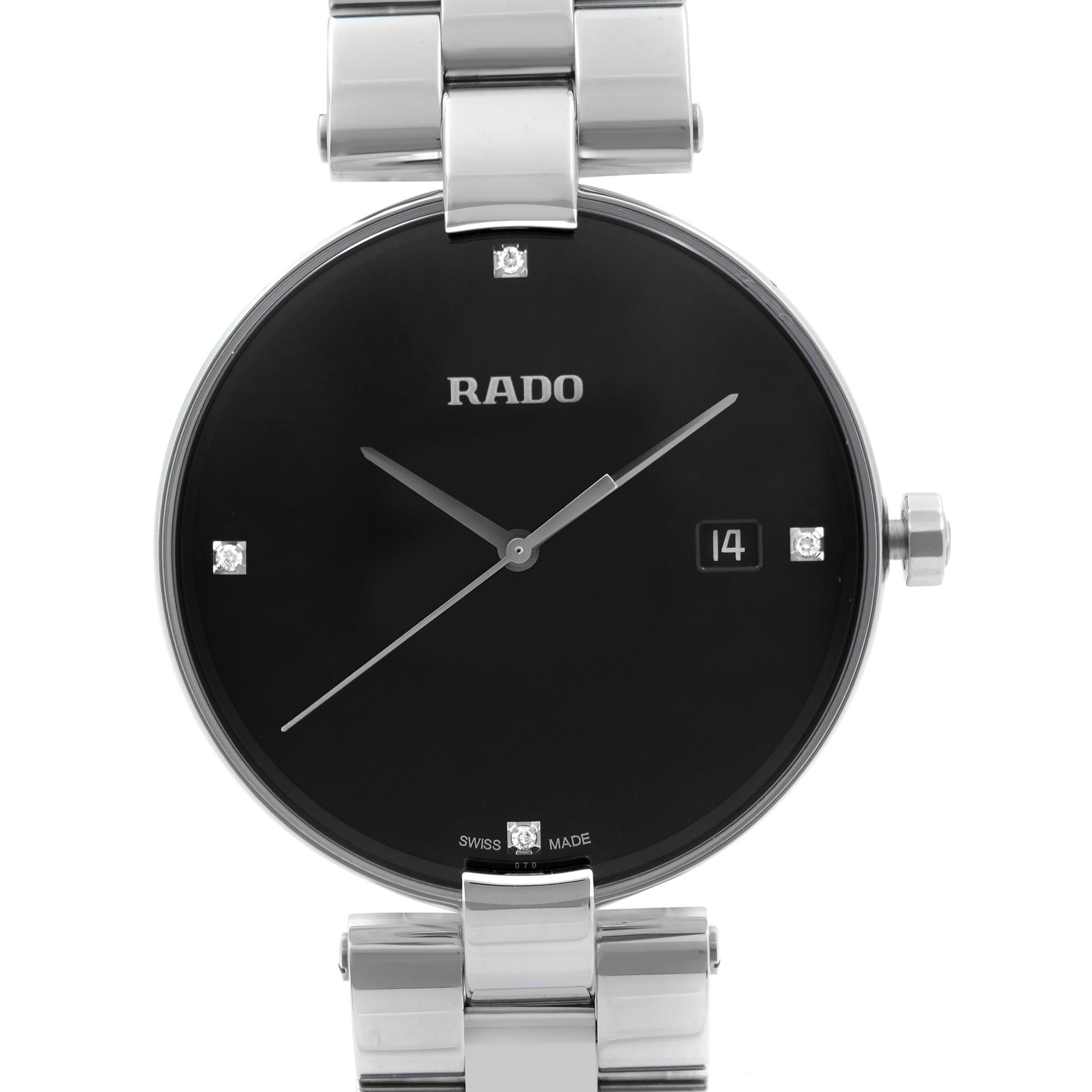 Store Display Model Rado Coupole Stainless Steel Black Diamond Dial Quartz Ladies Watch R22852703. This Beautiful Timepiece Features: Stainless Steel Case and Bracelet, Black Dial with Silver-Tone Hands, and Diamond Hour Markers Set at the 3, 6, 9,