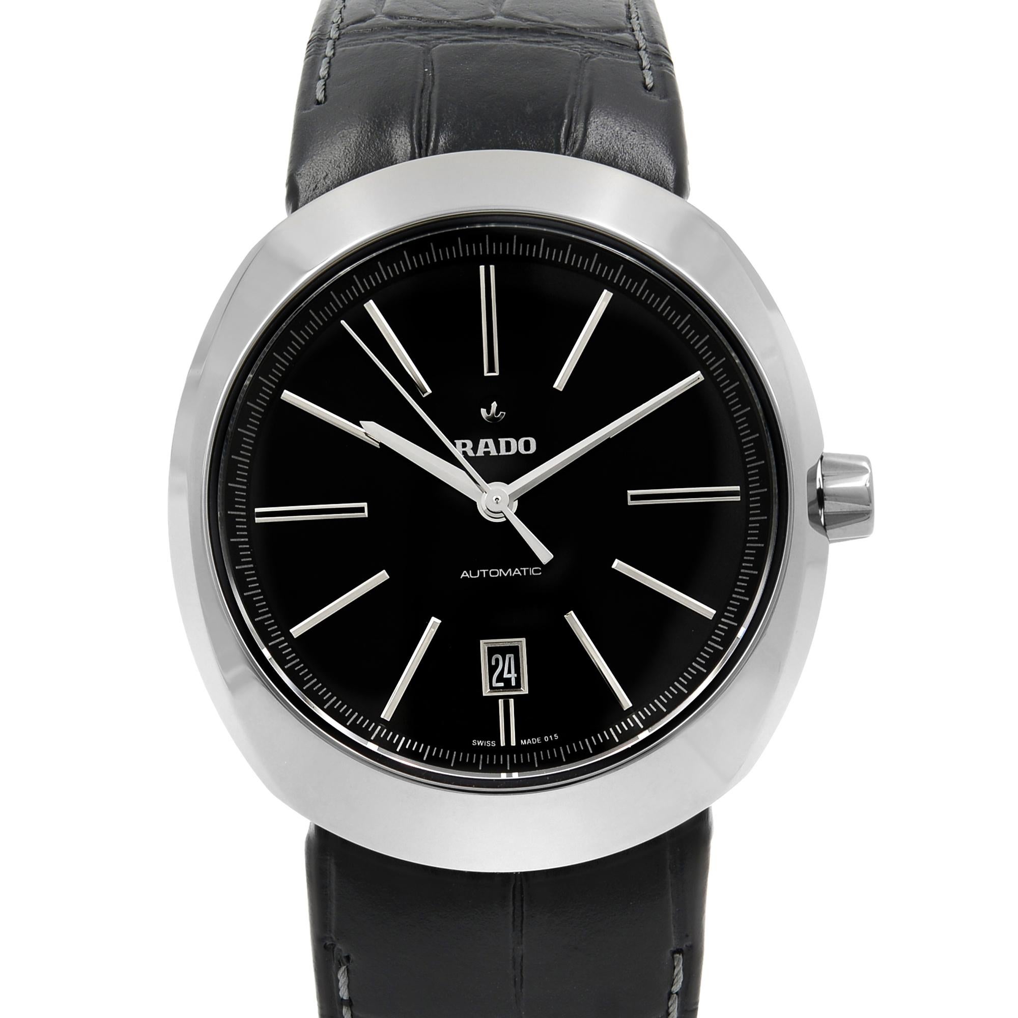 This brand new Rado D-Star R15760155 is a beautiful men's timepiece that is powered by an automatic movement which is cased in a ceramic case. It has a round shape face, date dial and has hand sticks style markers. It is completed with a leather