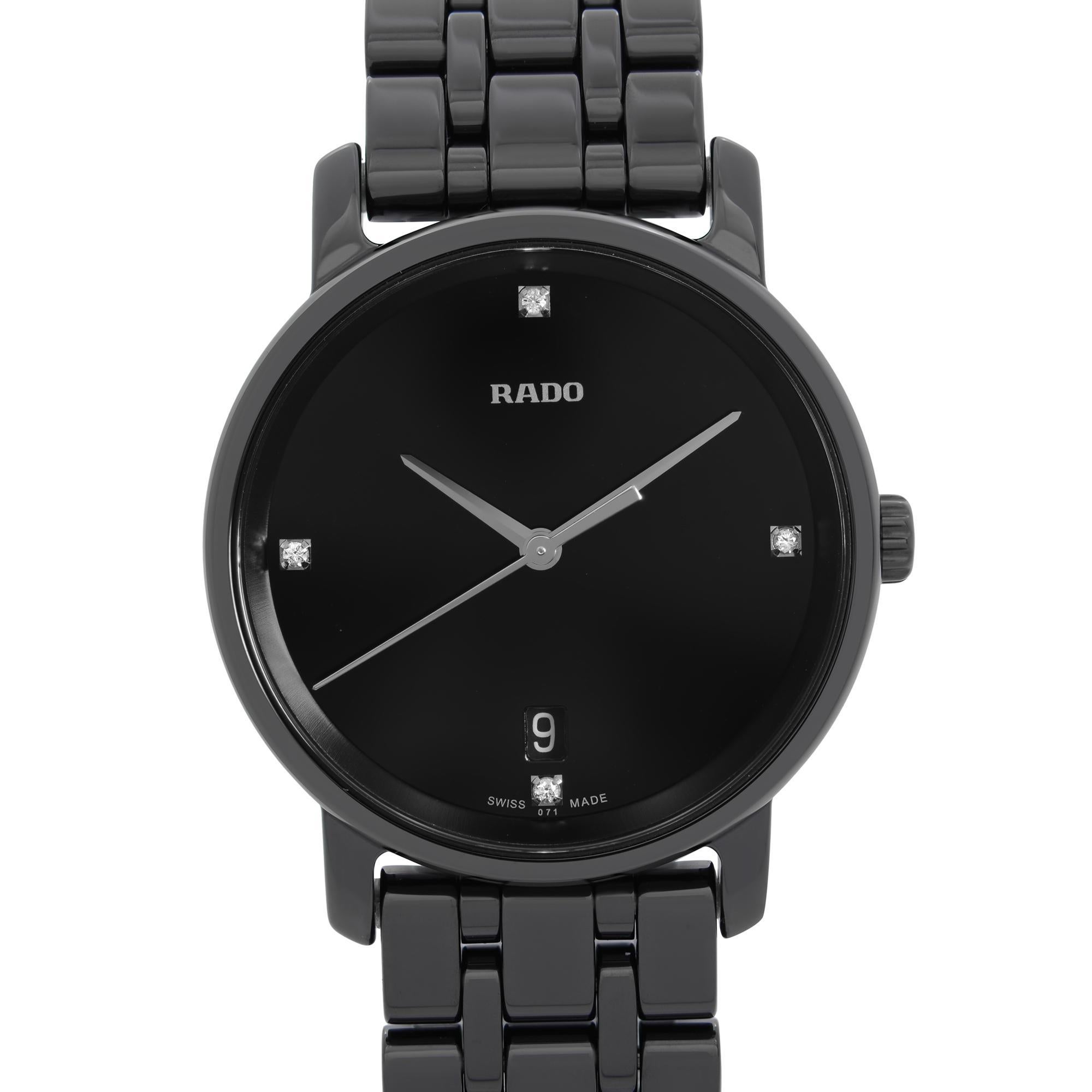 Unworn Rado DiaMaster Quartz Watch R14063717. This Ladies Timepiece is Powered by a Quartz (Battery) Movement and Features: Black Ceramic Case and Bracelet, Fixed Black Ceramic Bezel, Black Dial with Silver-Tone Hands And Diamond Hour Markers (0.026