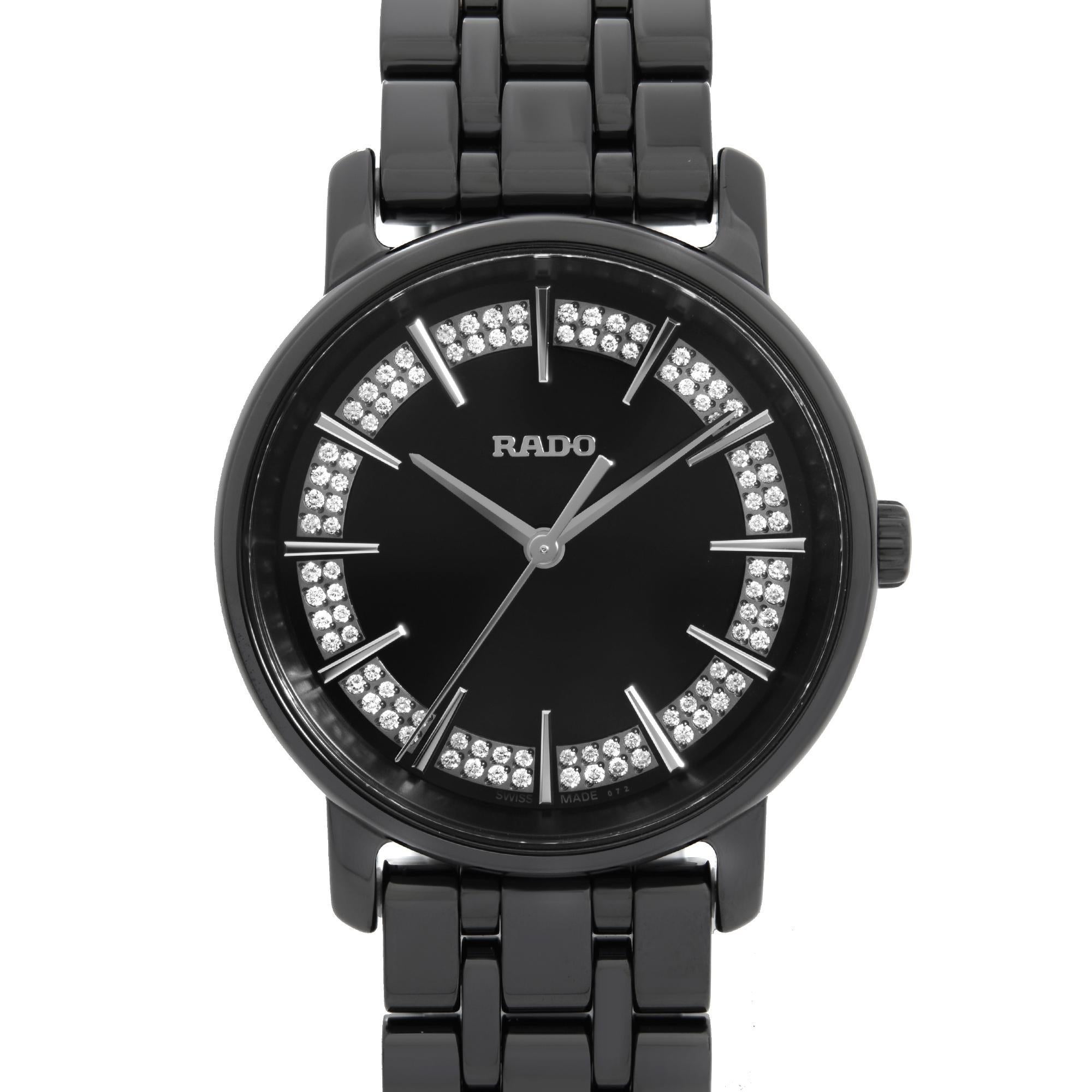Unworn Rado Diamaster Quartz Watch R14063727. This Ladies Timepiece is Powered by a Quartz (Battery) Movement and Features: High-Tech Black Ceramic Case and Bracelet, Fixed Black Ceramic Bezel, Black Dial with Silver-Tone Hands And Index Hour